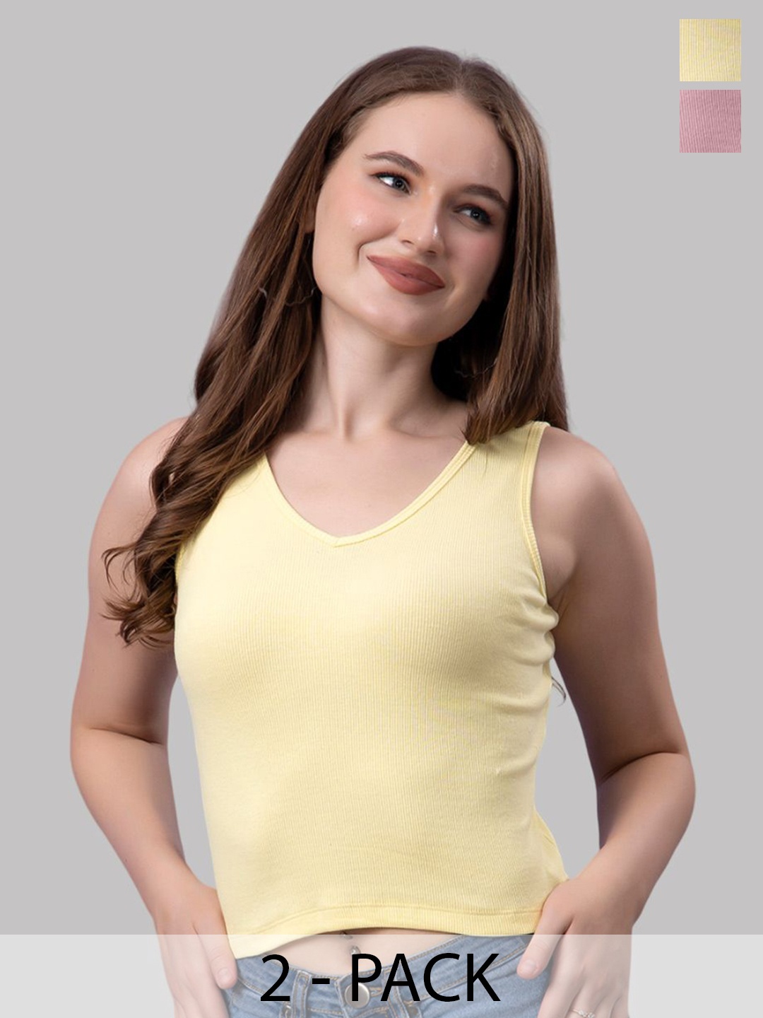 

Friskers Women Pack Of 2 Solid V-Neck Cotton Tops, Yellow