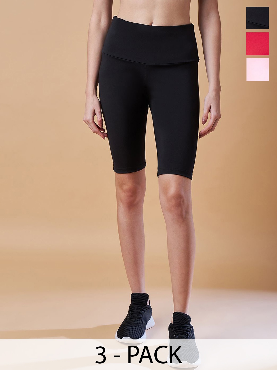 

COLOR CAPITAL Pack Of 3 Women High Rise Above Knee Gym Tights, Black