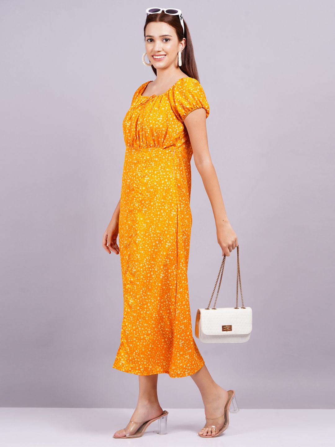 

KALINI Floral Print Off-Shoulder Empire Midi Dress, Yellow