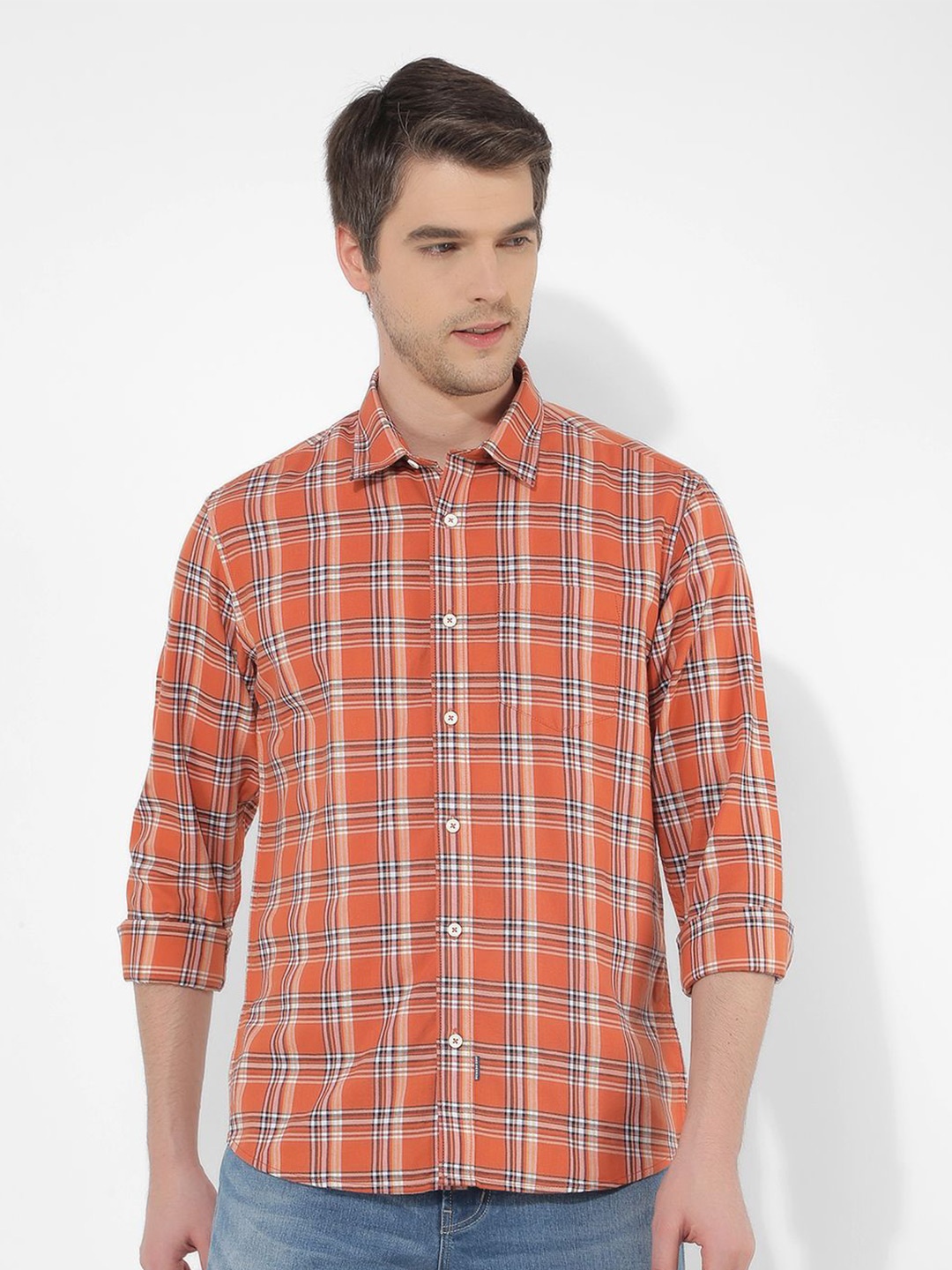 

Numero Uno Men Spread Collar Tartan Checked Cotton Casual Shirt, Orange