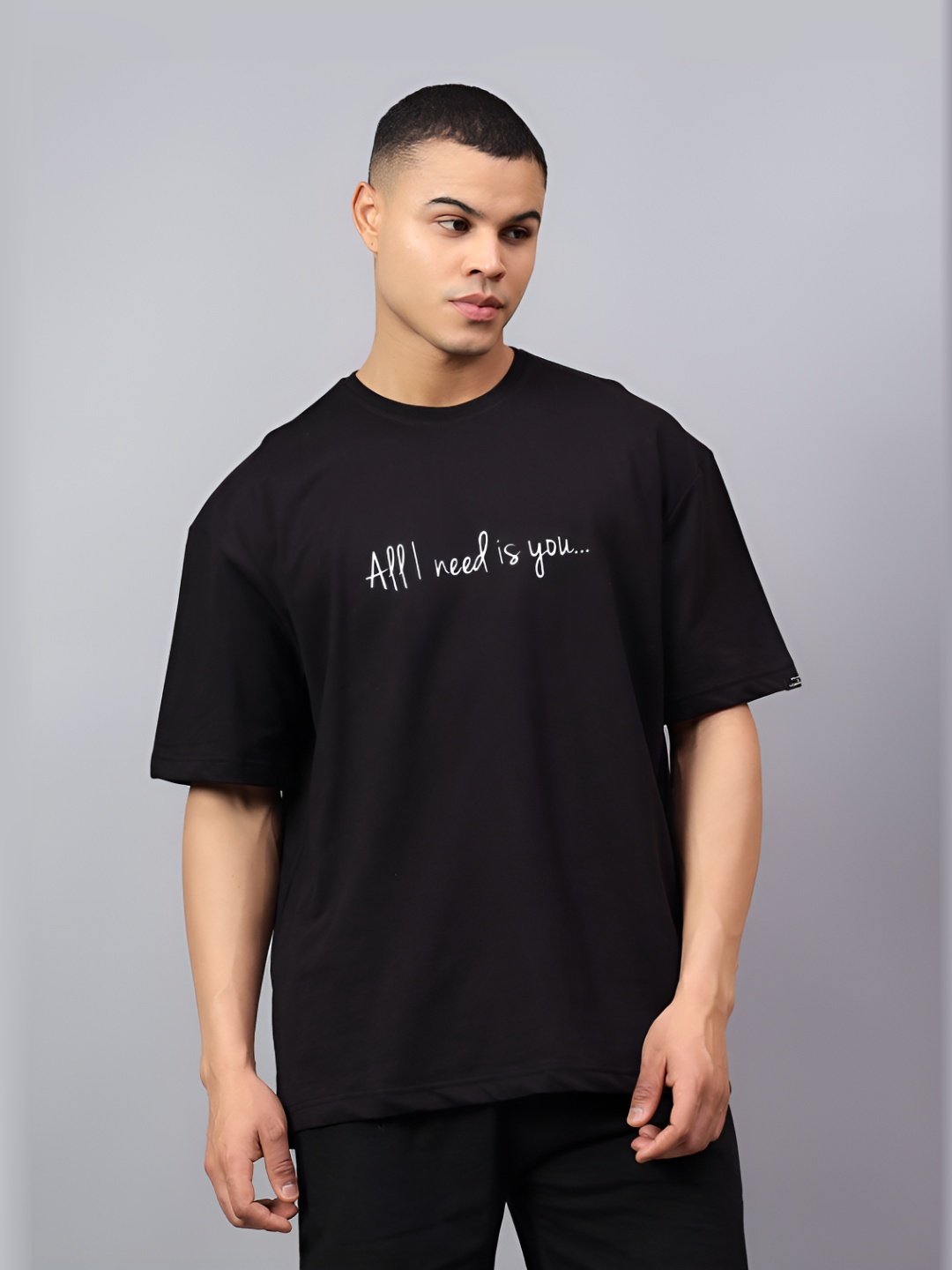 

Peach & Lemonade Men Typography Printed Round Neck Cotton Oversized T-shirt, Black