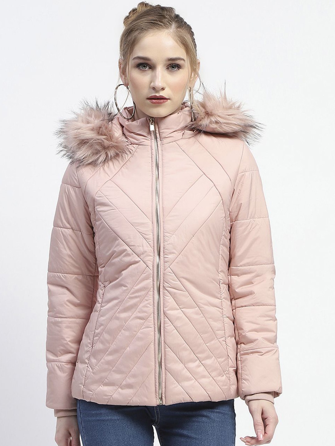 

Madame Women Hooded Solid Casual Padded Jacket, Peach