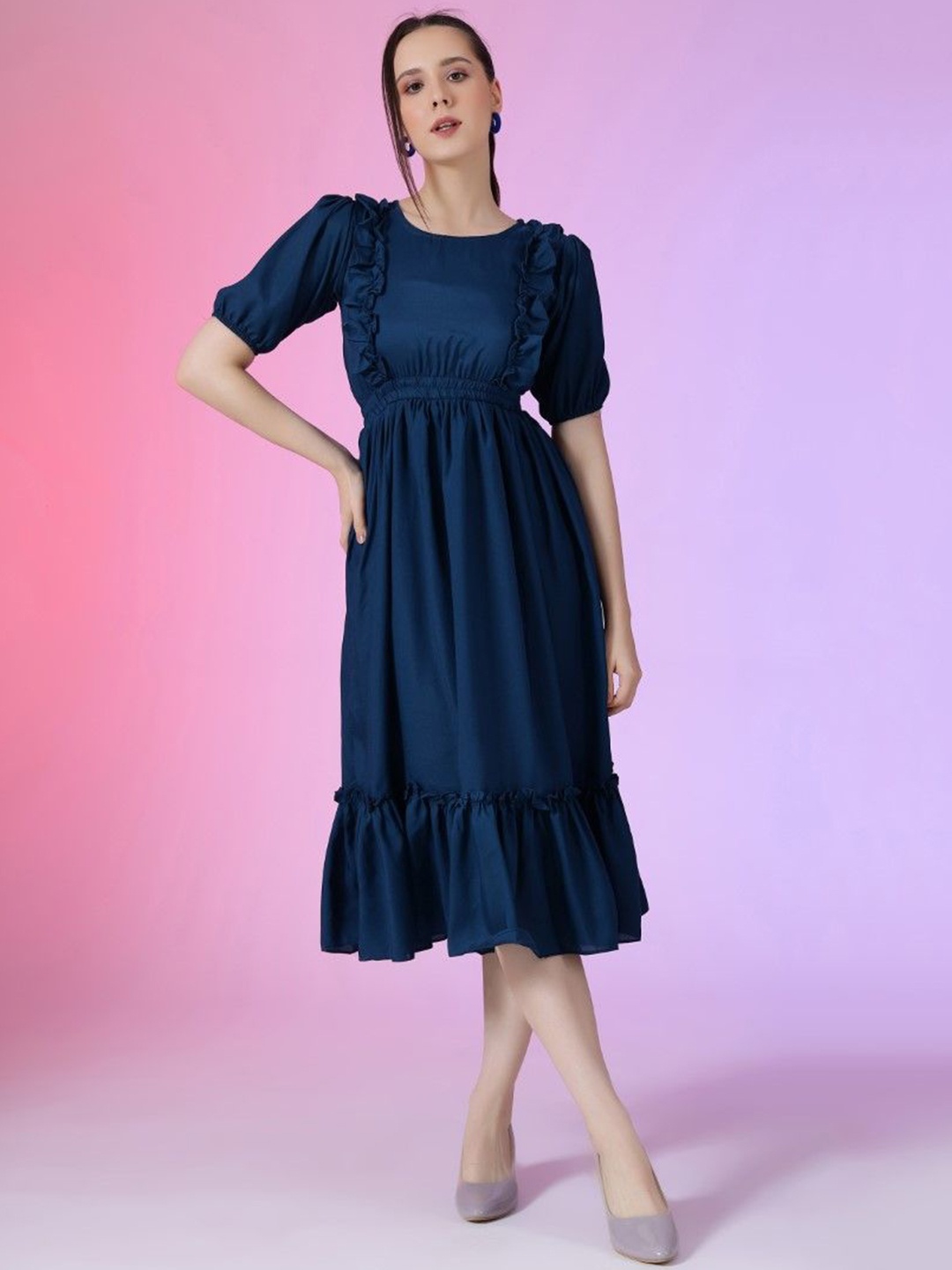 

Femvy Puff Sleeve Applique Fit & Flare Dress, Blue