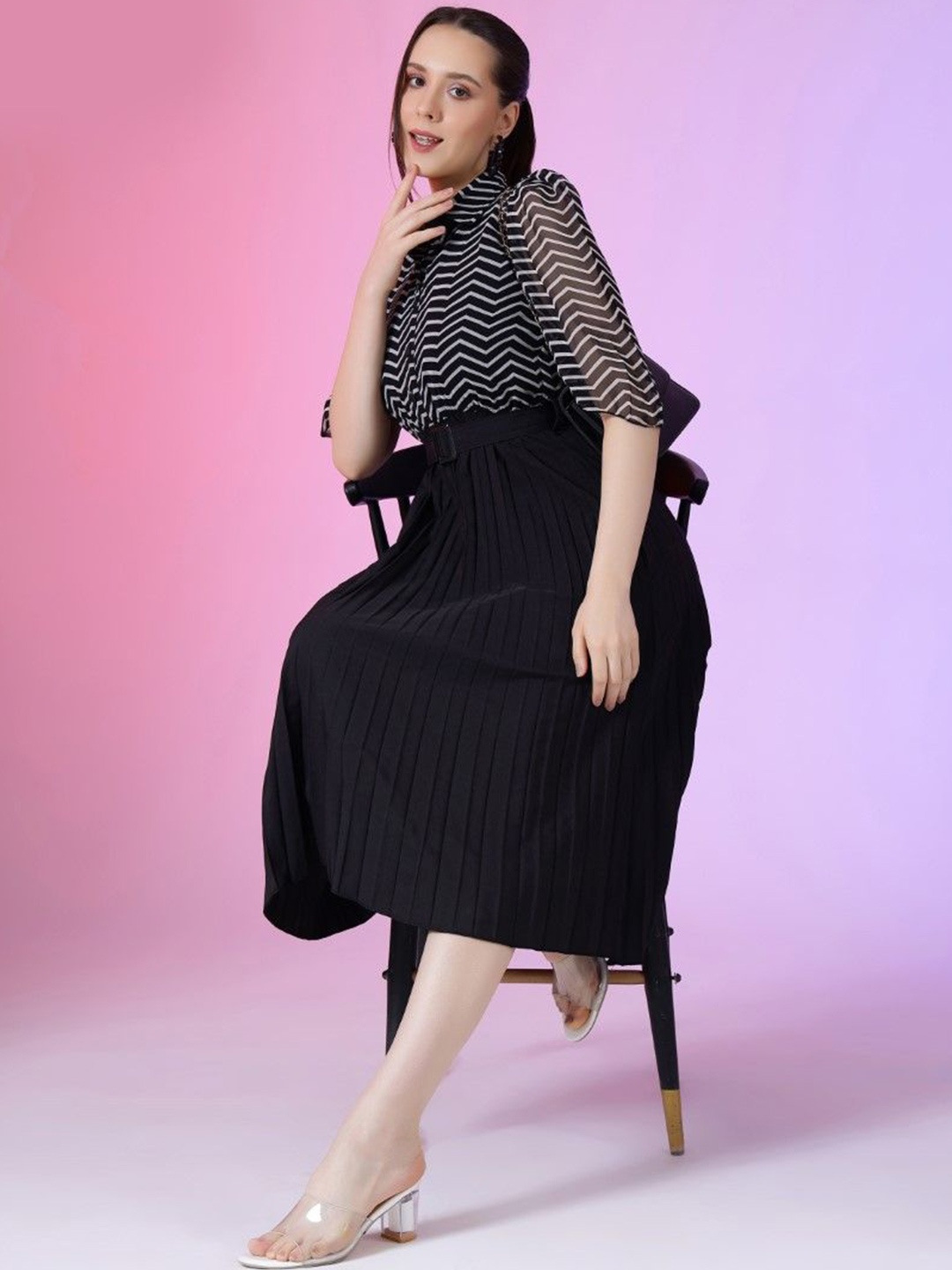 

Femvy Women Georgette Shirt Collar Puff Sleeve Chevron Print Fit & Flare Midi Dress, Black