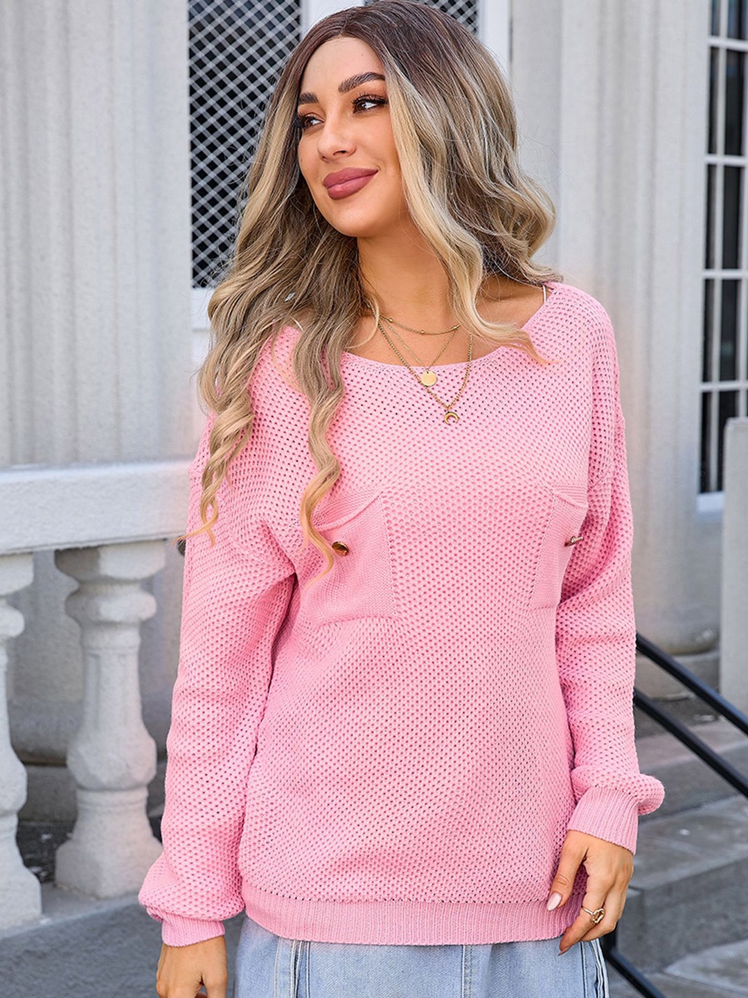 

LULU & SKY Women Open Knit Self Design Round Neck Pullover Sweater, Pink