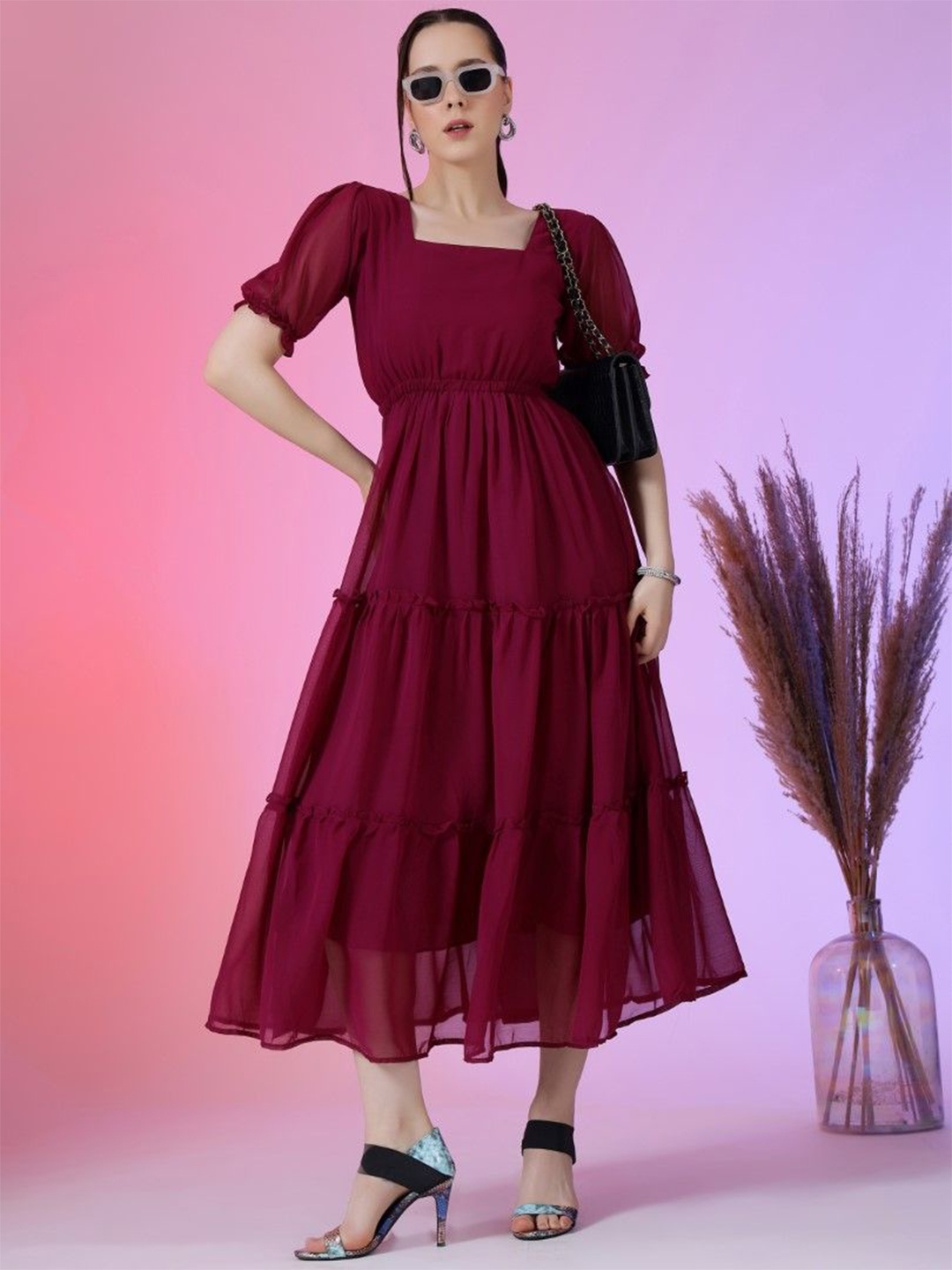 

Femvy Women Square Neck Cuffed Sleeve Fit & Flare Maxi Dress, Magenta