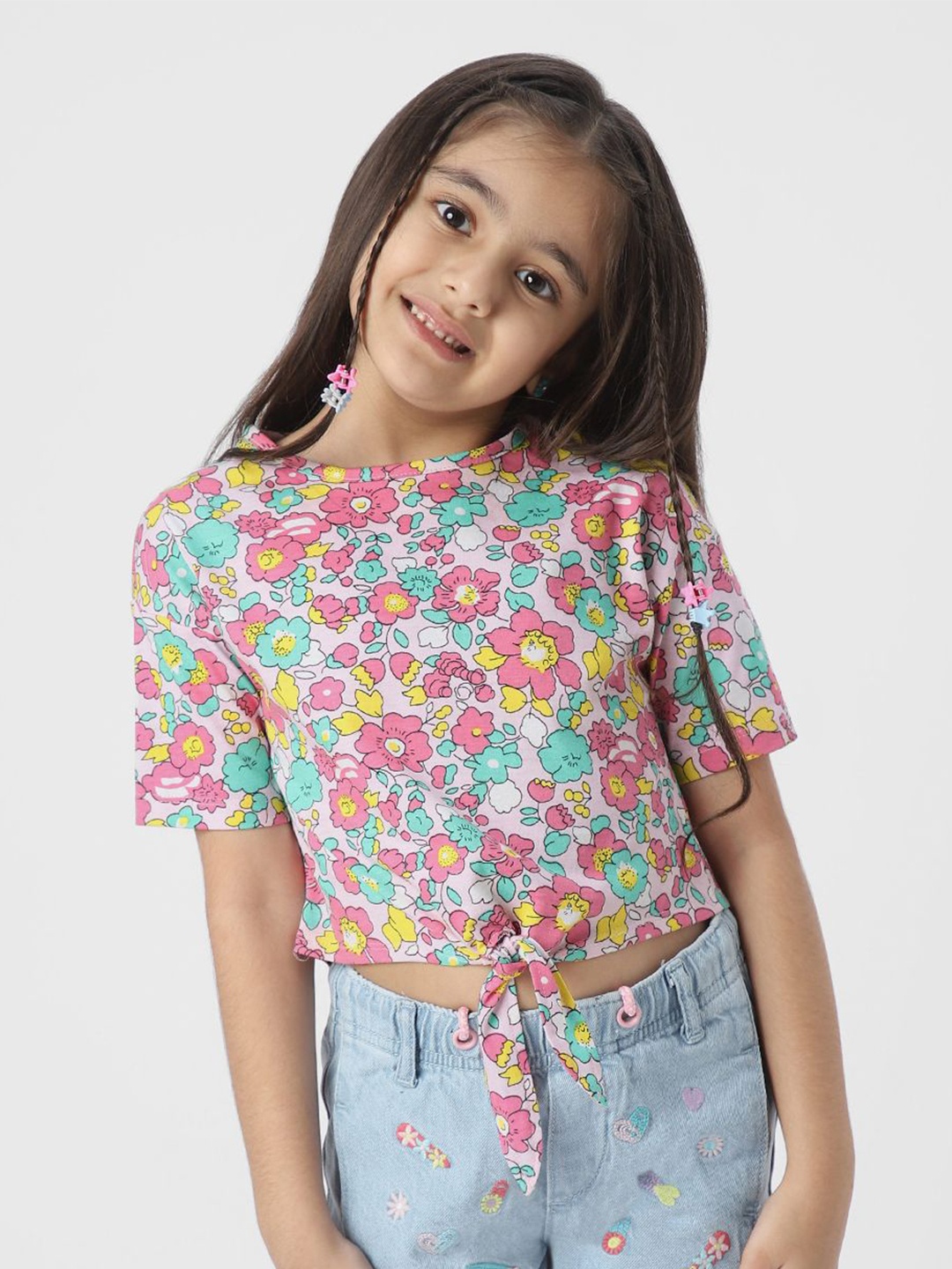 

Nautinati Girls Pure Cotton Floral Printed Crop T-shirt, Pink