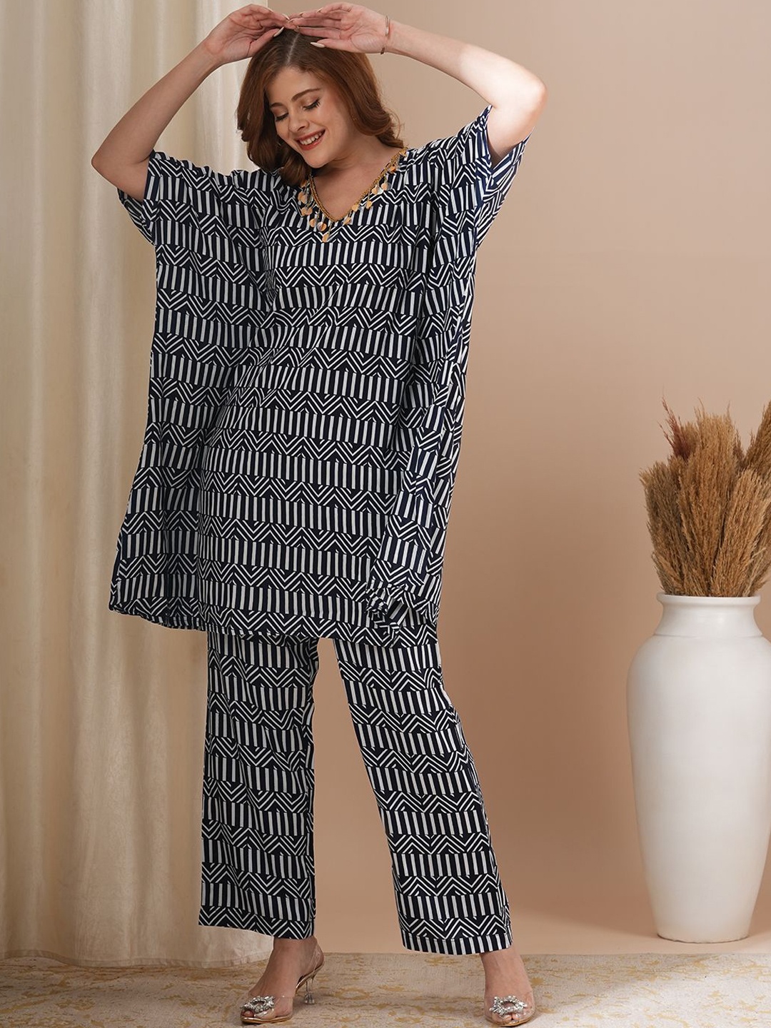

FASHOR Printed Tunic With Palazzo Co-Ords, Navy blue