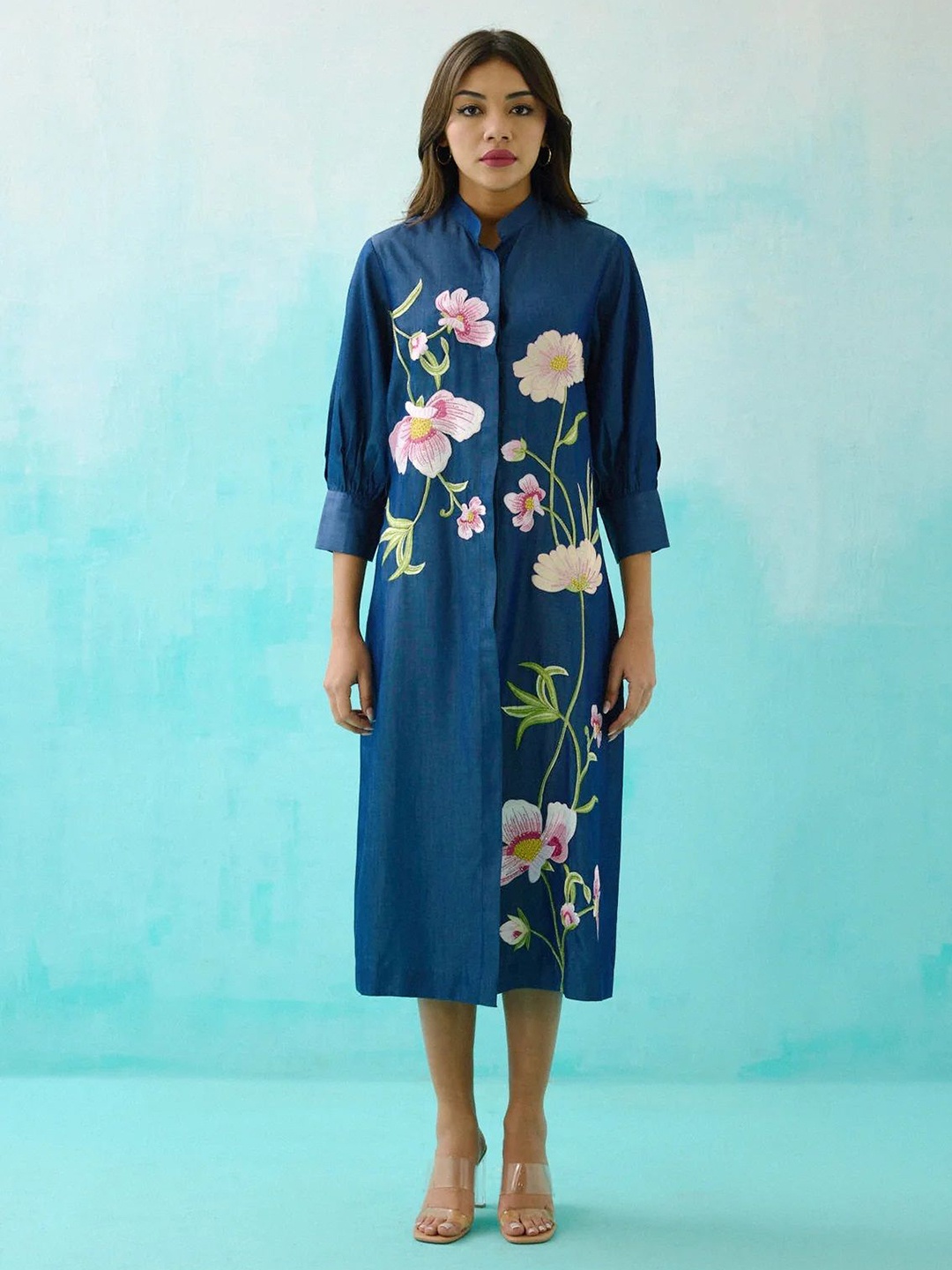 

BETRUE Women Floral Embroidered Shirt Midi Dress, Blue