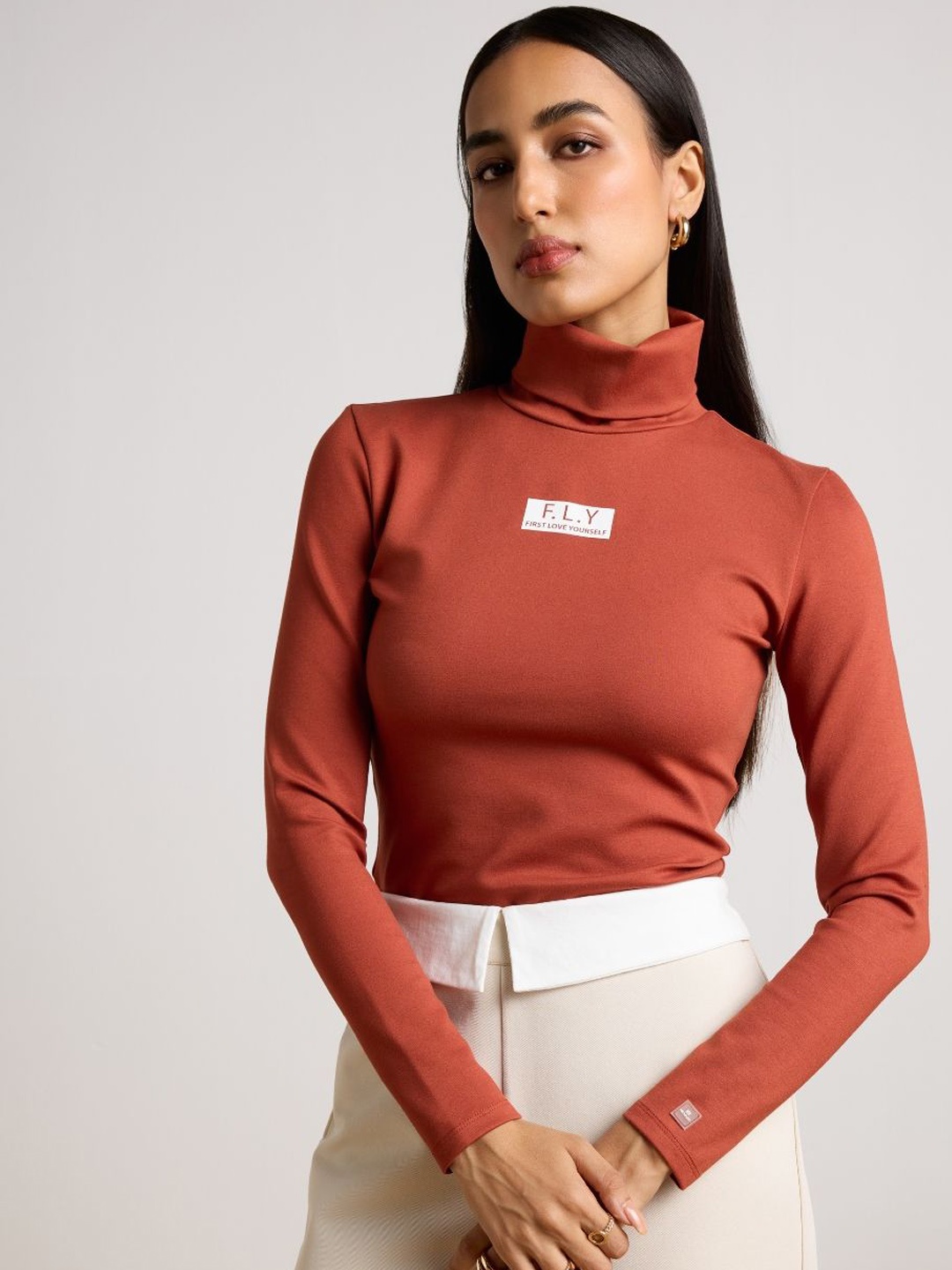 

Muvazo Women High Neck Long Sleeves Bodysuit, Brown