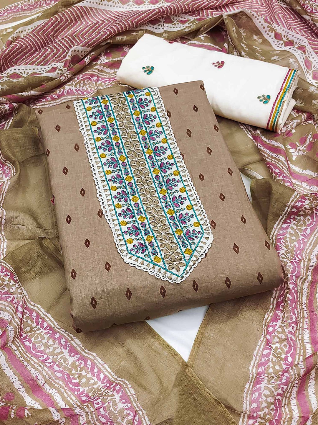 

Peachmode Women Embroidered Printed Pure Cotton Unstitched Dress Material, Beige