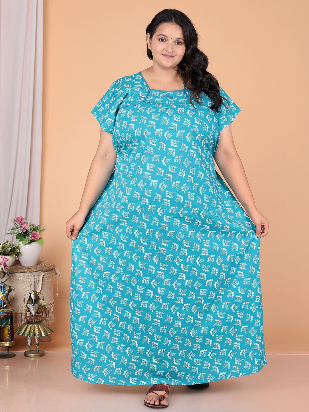 

JAIPZZ APPARELS Floral Printed Pure Cotton Maxi Nightdress, Blue