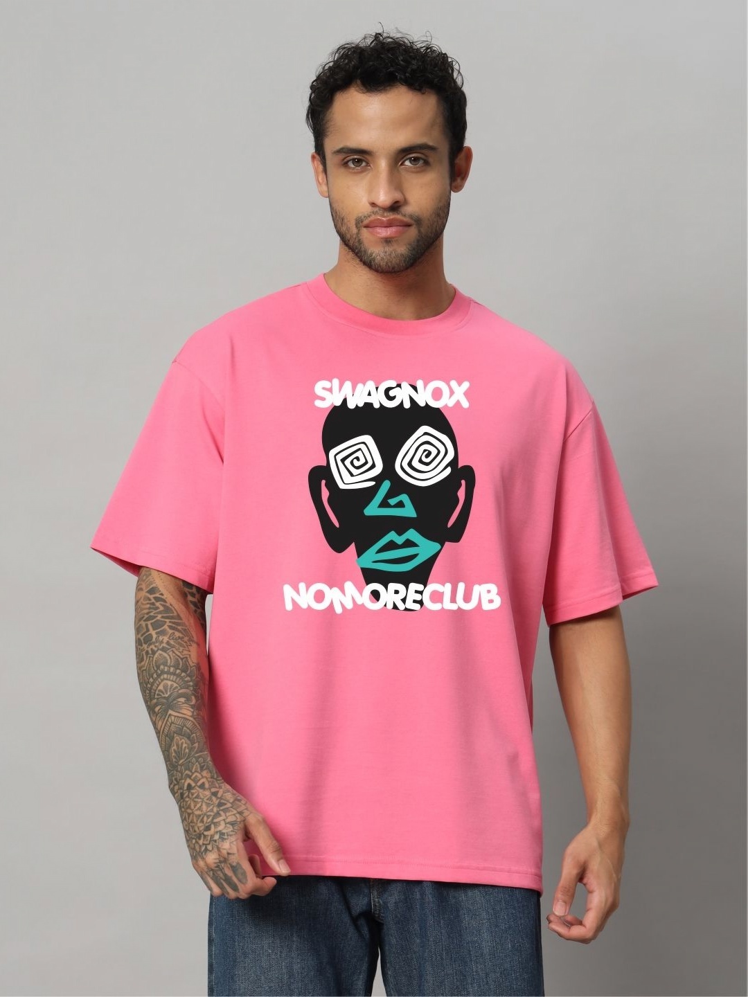 

SWAGNOX Men Typography Printed Round Neck Cotton Oversized T-shirt, Pink