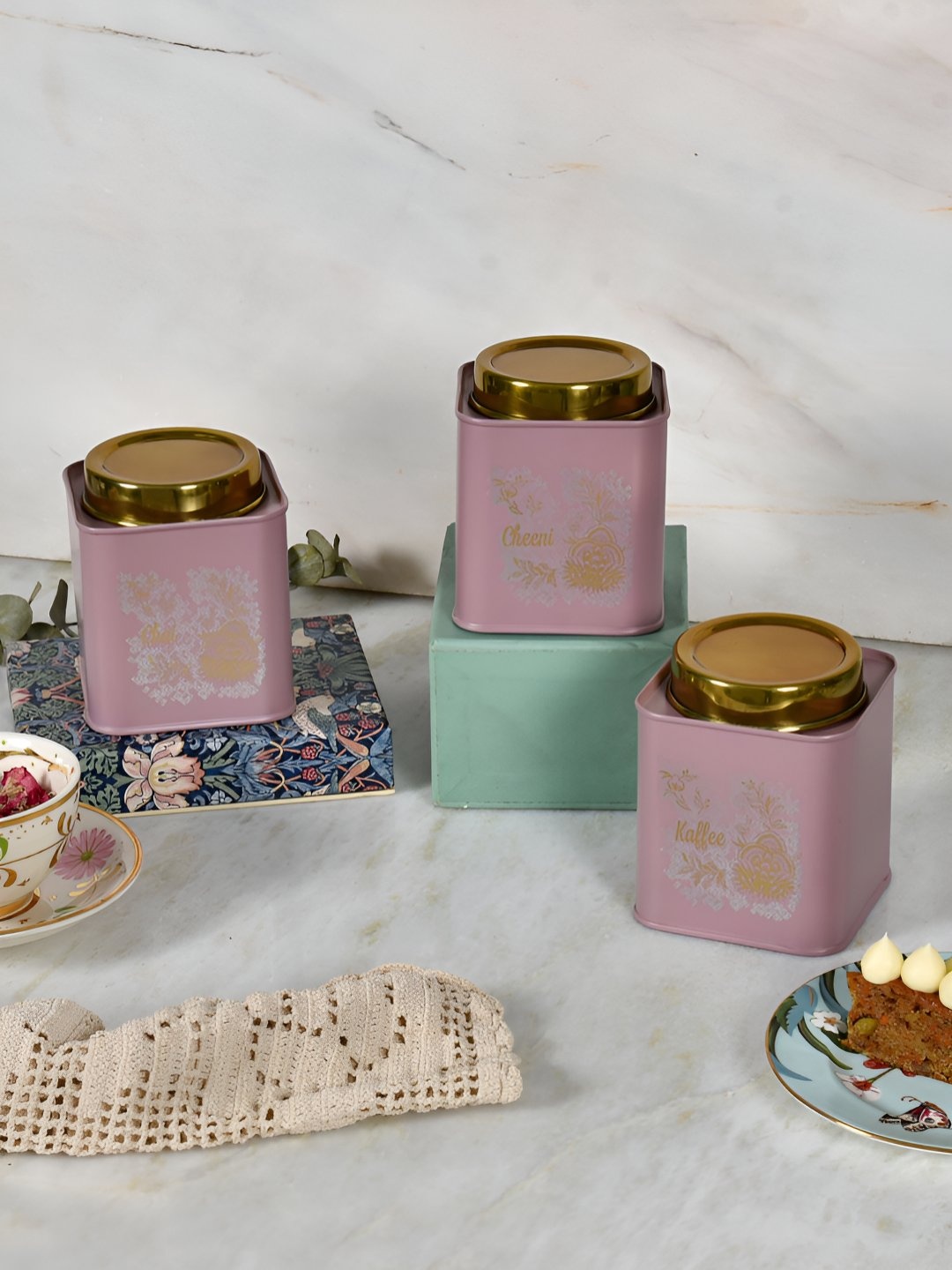

Living With Elan Gingham & Blooms Mauve 3 Pieces Floral Printed Canister Container