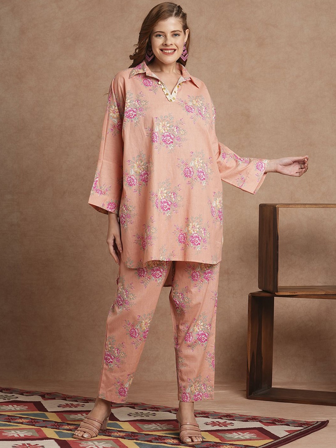 

FASHOR Floral Printed Pure Cotton Tunic With Trousers Co-Ords, Peach