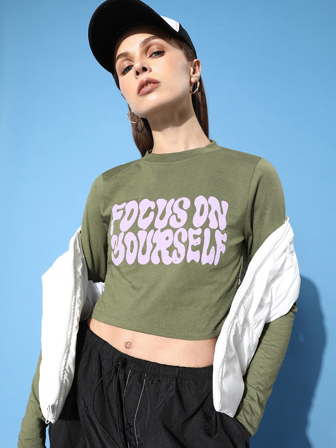 

The Roadster Life Co. Printed Slim Fit Crop T-shirt, Olive