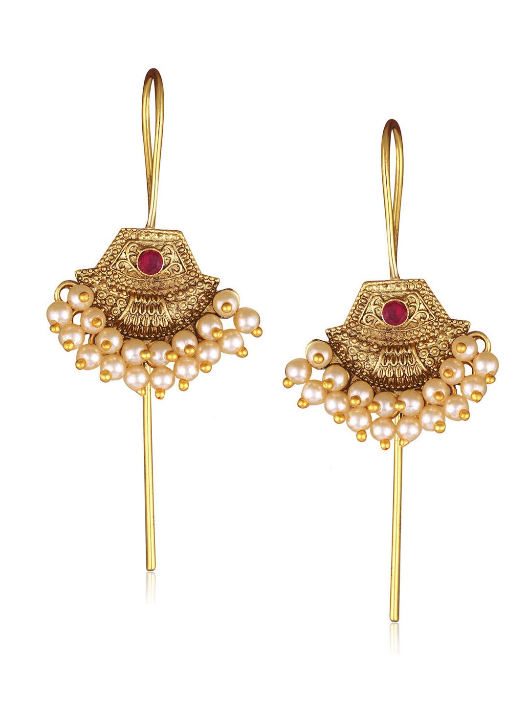 

Vighnaharta Gold-Plated Pearls Studded Floral Chandelier Ear Cuff Earrings, Red