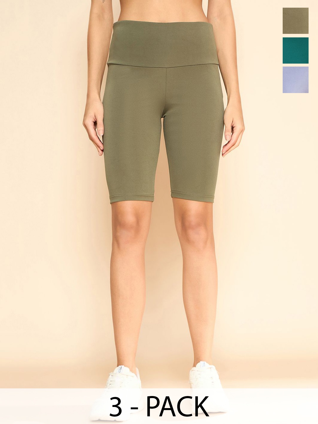 

COLOR CAPITAL Women Pack Of 3 High Rise Above Knee Cycling Tights, Olive