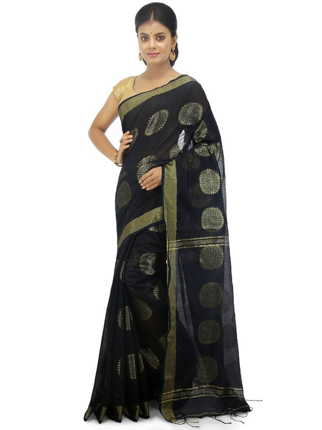 

BENGAL HANDLOOM women Woven Design Zari Art Silk Taant Saree with unstitched blouse piece, Black