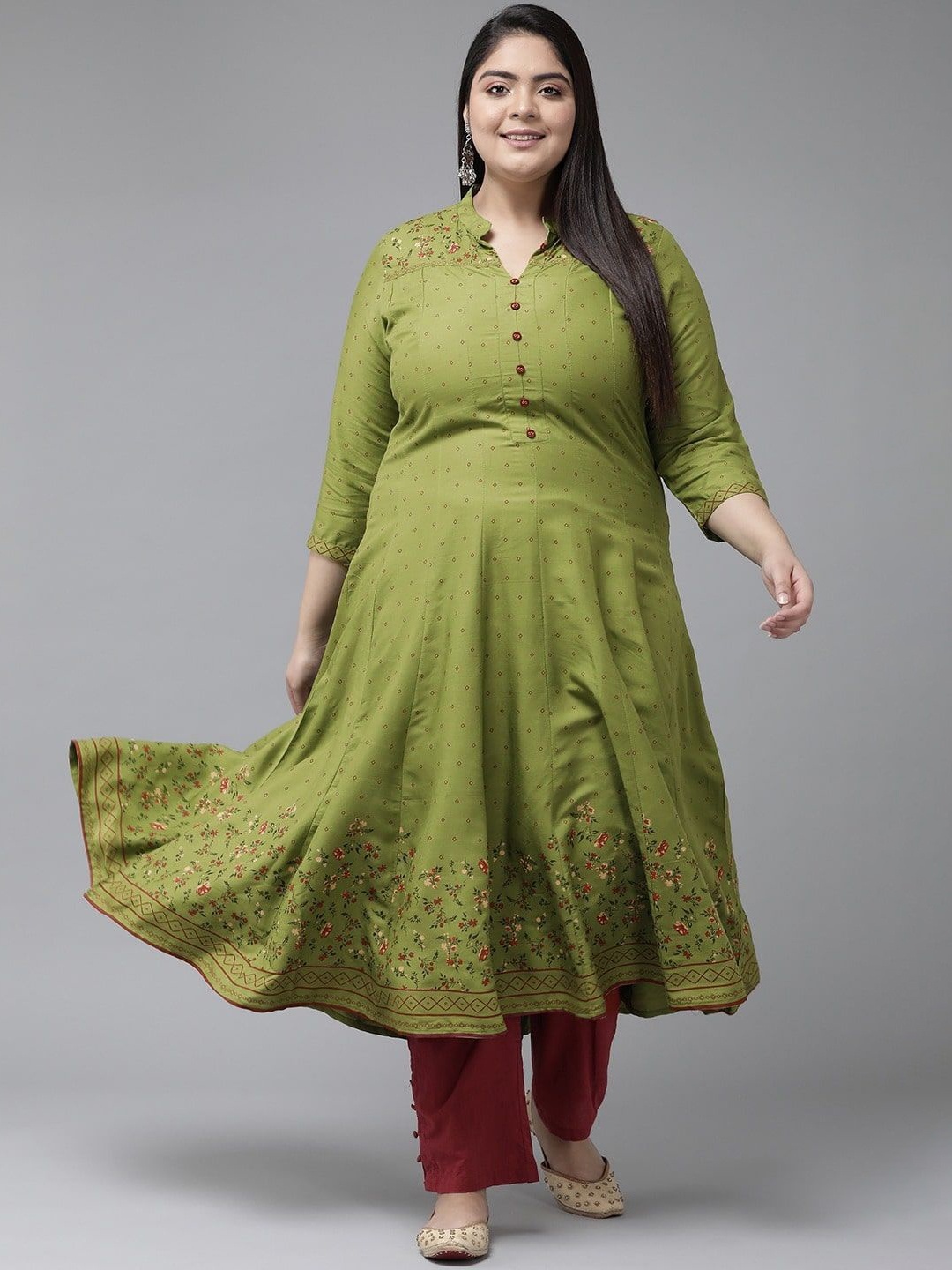 

YASH GALLERY Floral Printed Mandarin Collar Three-Quarter Sleeves Regular A-Line Kurta, Green