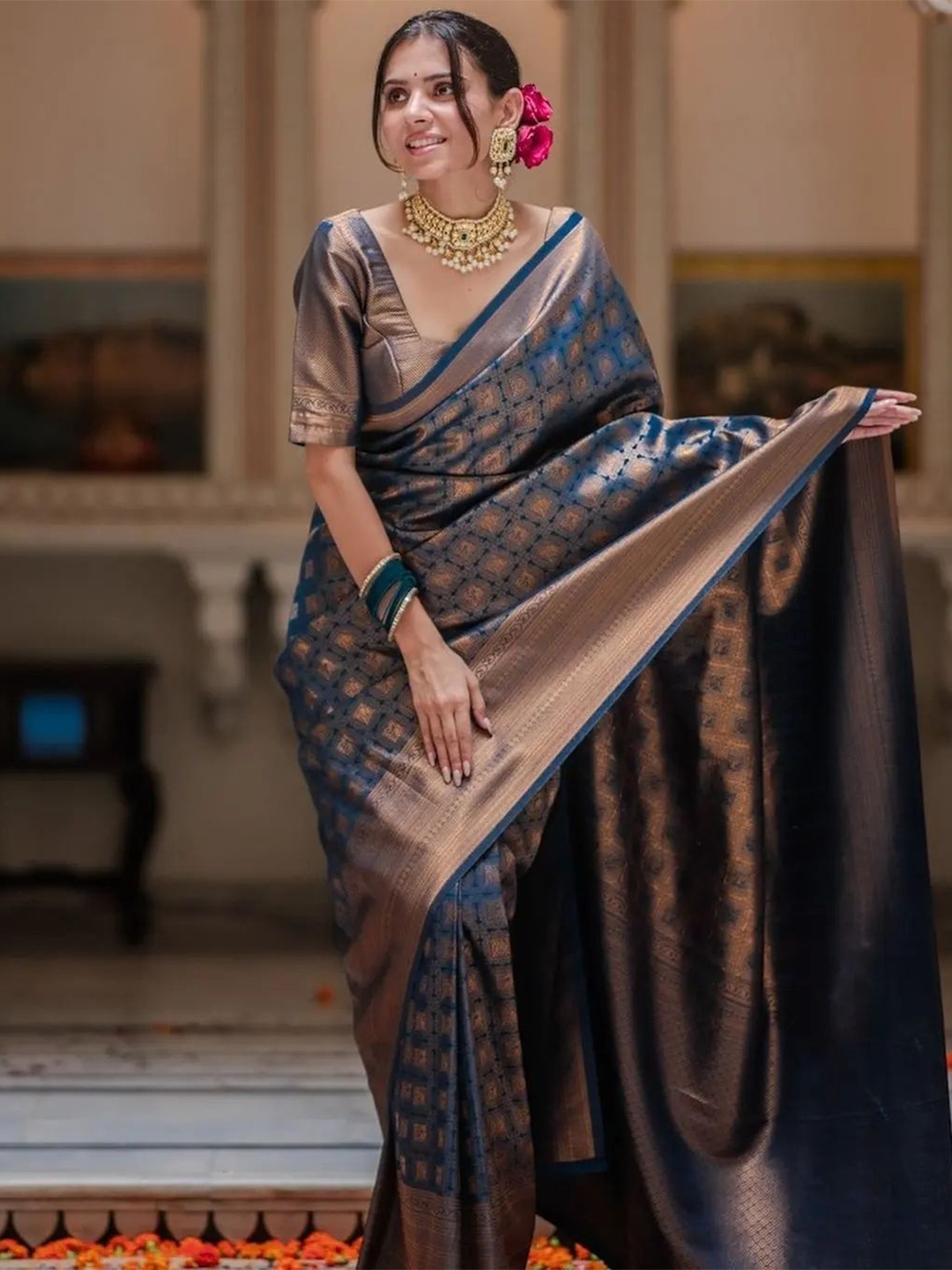

MORLY Woven Design Zari Silk Blend Kanjeevaram Saree, Blue