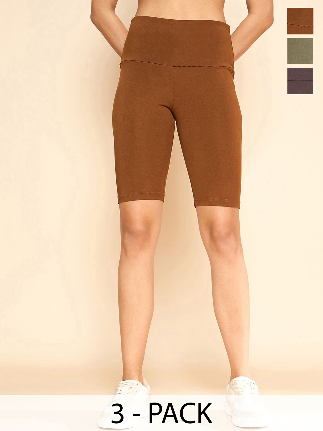 

Women COLOR CAPITAL Pack Of 3 High Rise Above Knee Gym Tights, Olive
