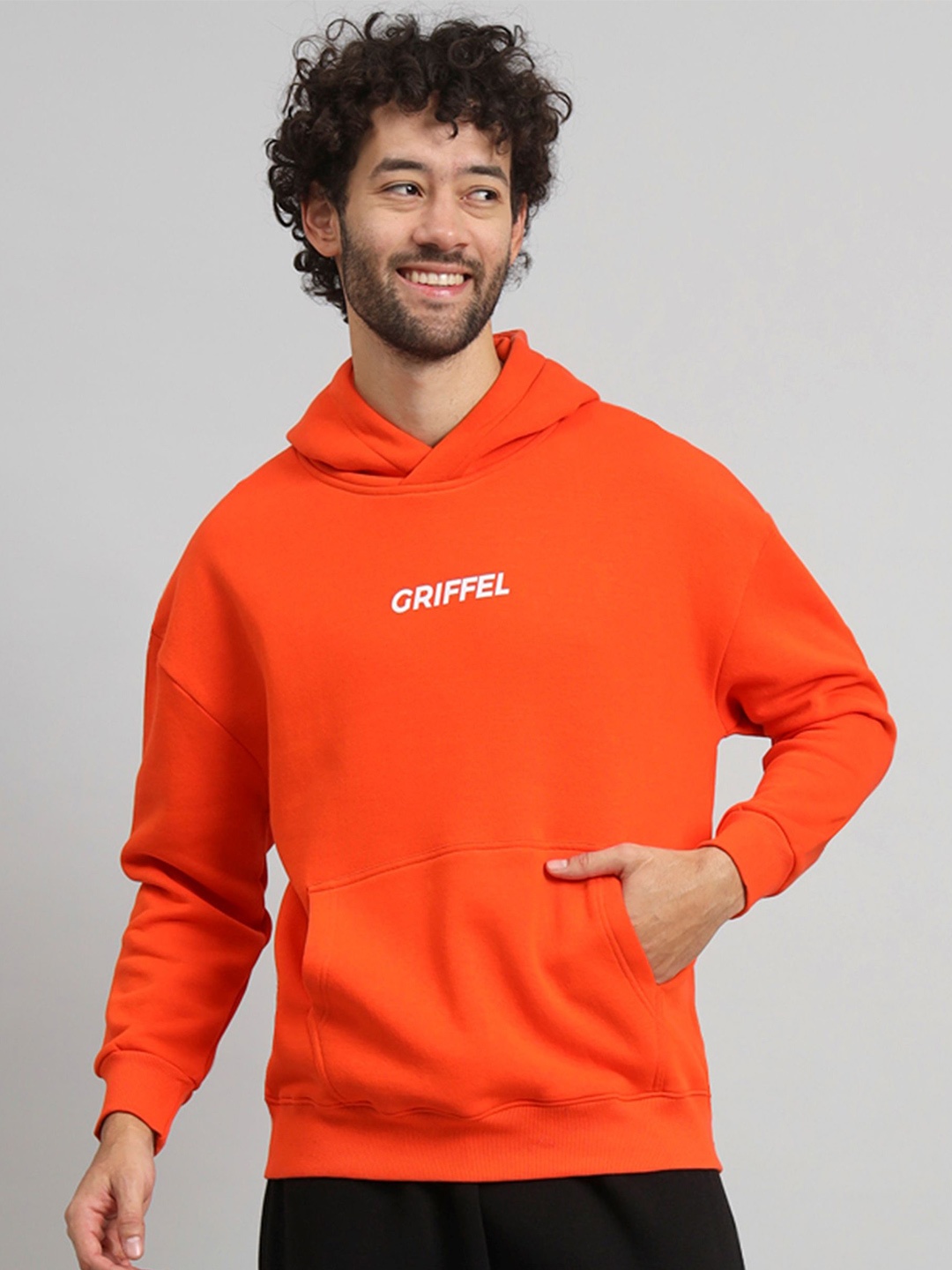 

GRIFFEL Men Typography Printed Hood Fleece Pullover Sweatshirt, Orange