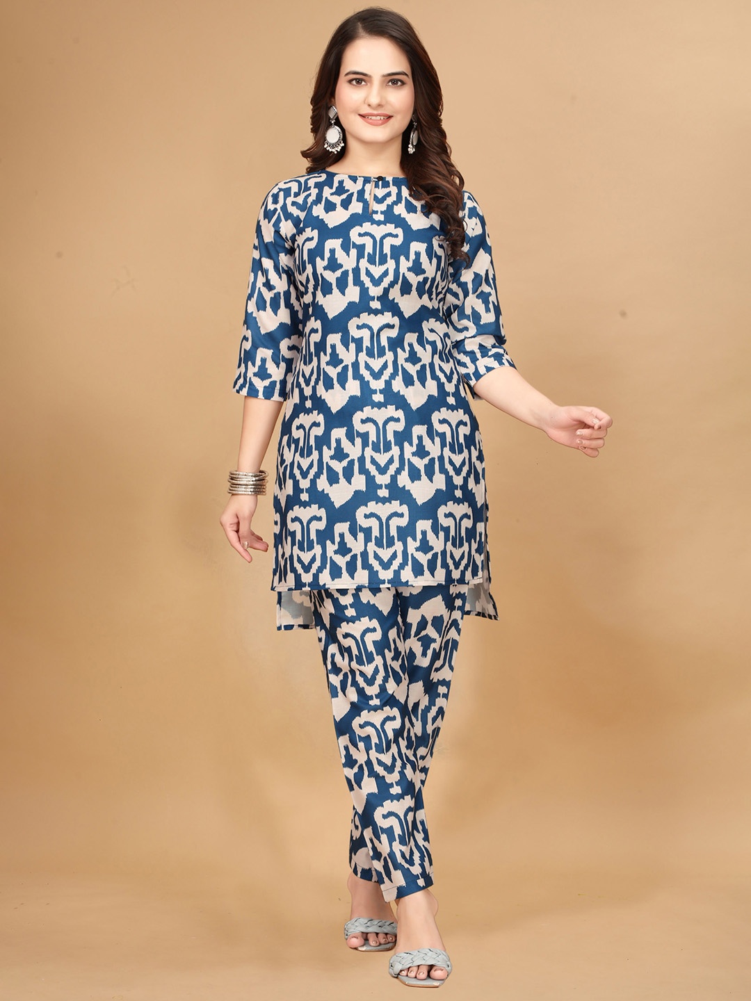

nirja Fab Ethnic Motifs Printed Pure Cotton Tunic with Trousers, Blue
