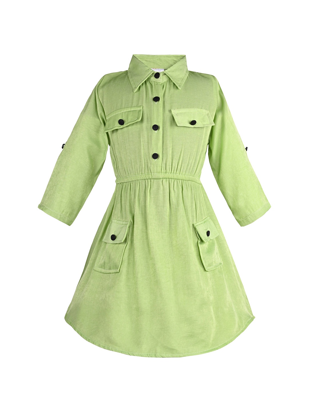 

Wish Karo Girls Shirt Collar Cotton Fit & Flare Knee Length Dress, Green