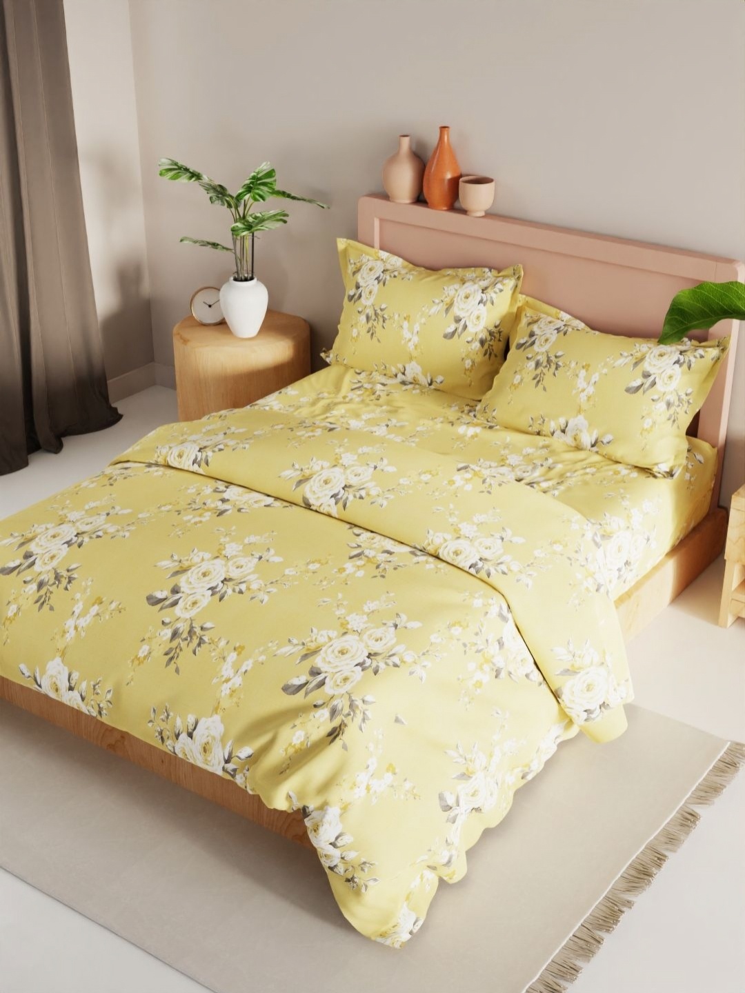 

KOPA Yellow & White 4 Pieces Floral Printed Microfiber Double Queen Regular Bedding Set