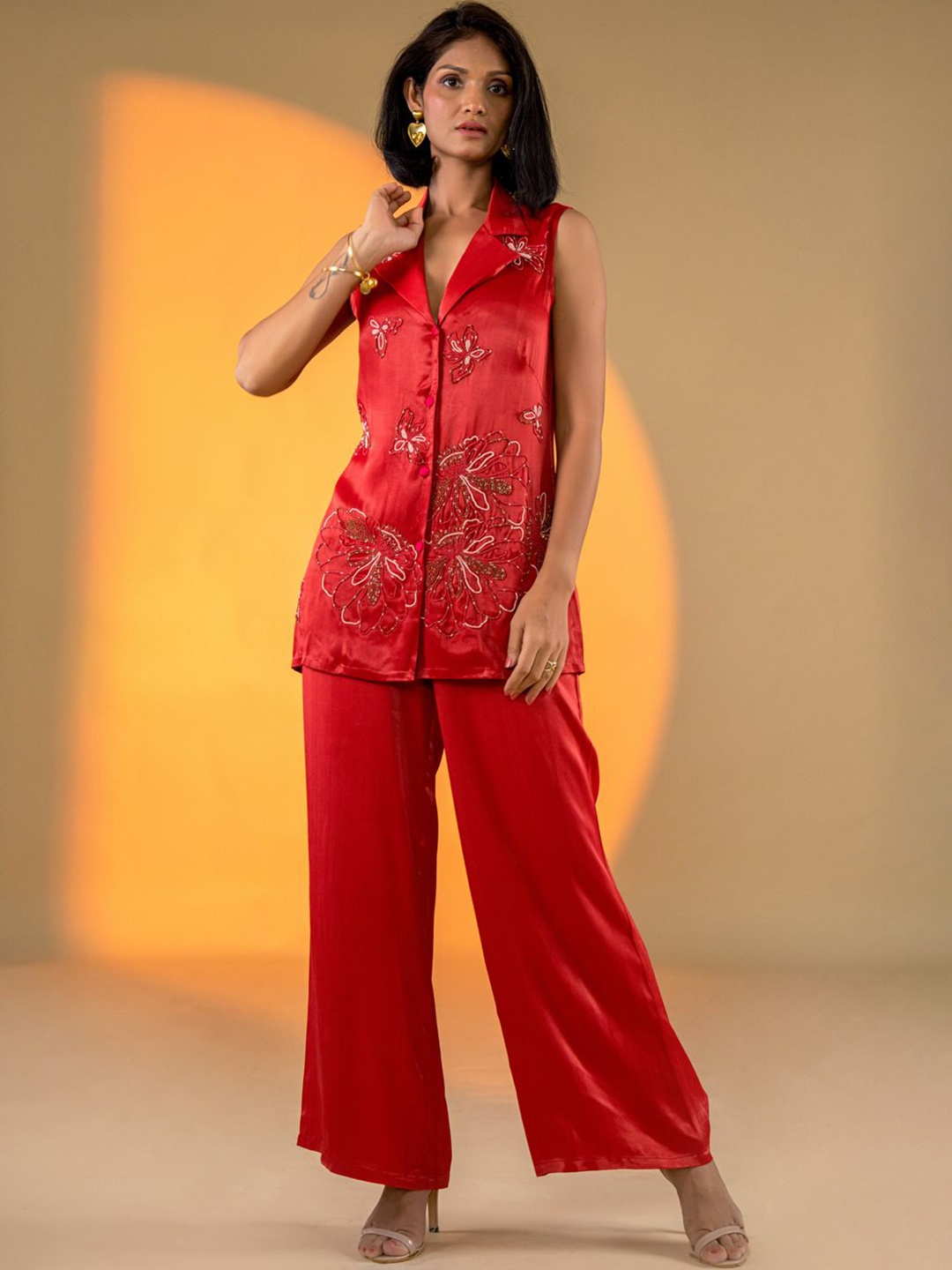 

AMROOD Embroidered Top & Palazzos, Red