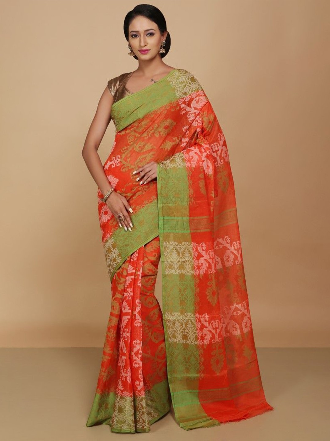 

BENGAL HANDLOOM Woven Design Dhakai Jamdani Pure Cotton Taant Saree, Orange