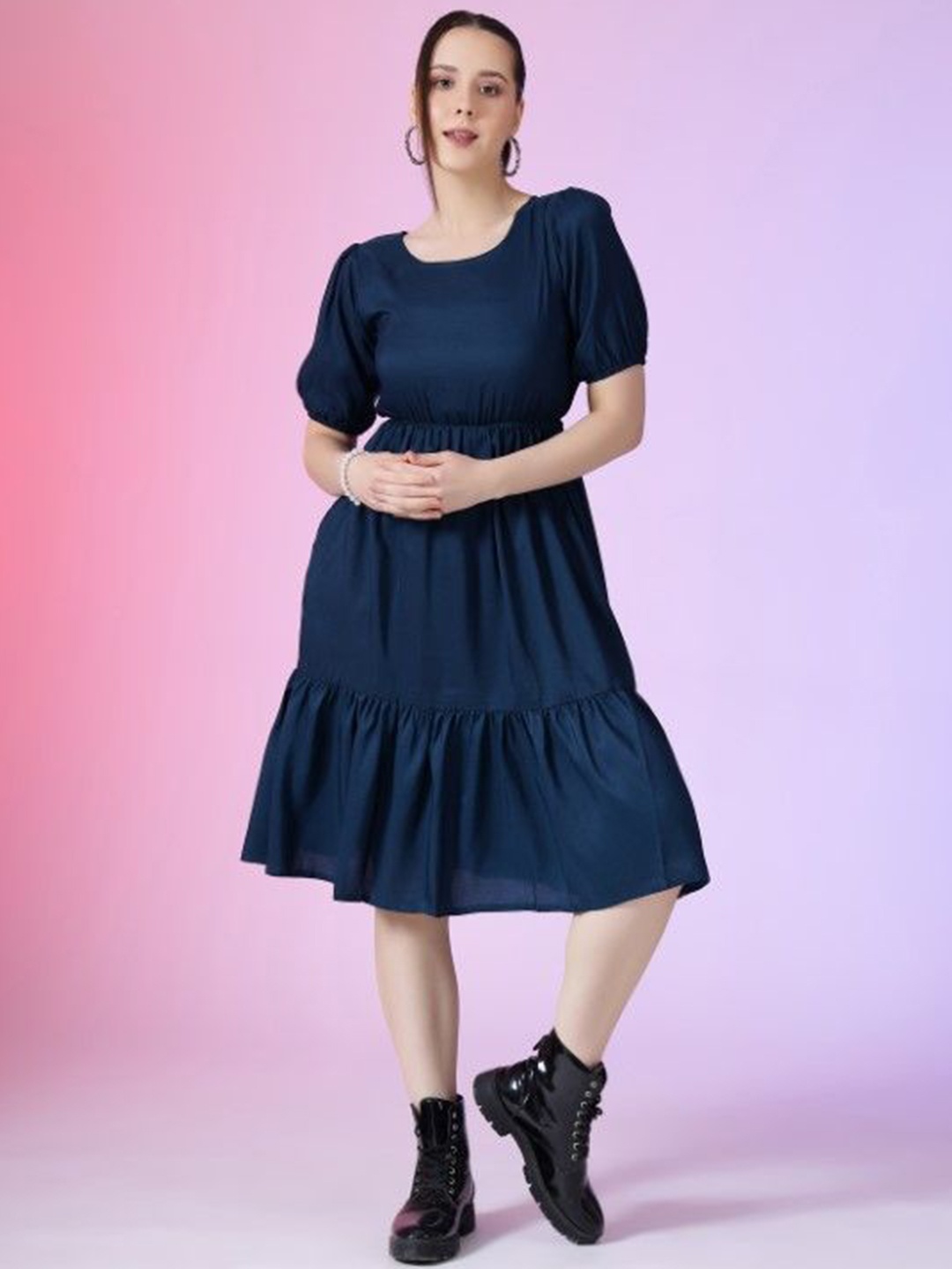 

Femvy Solid Puff Sleeve Fit & Flare Midi Dress, Blue