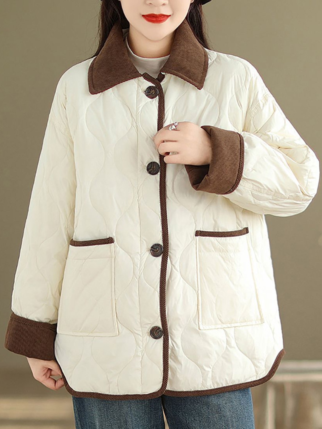 

StyleCast x Revolte Women Self Design Single-Breasted Spread Collar Quilted Jacket, Cream
