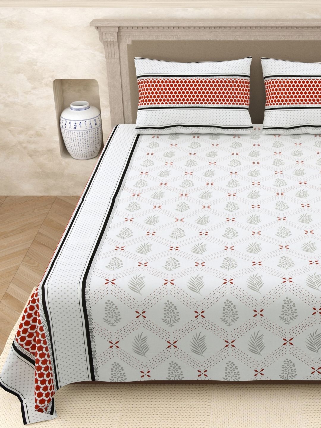 

Aura Elegant Peach Colored Floral Jaipuri Print Pure Cotton 210 TC Queen Bedsheet Set