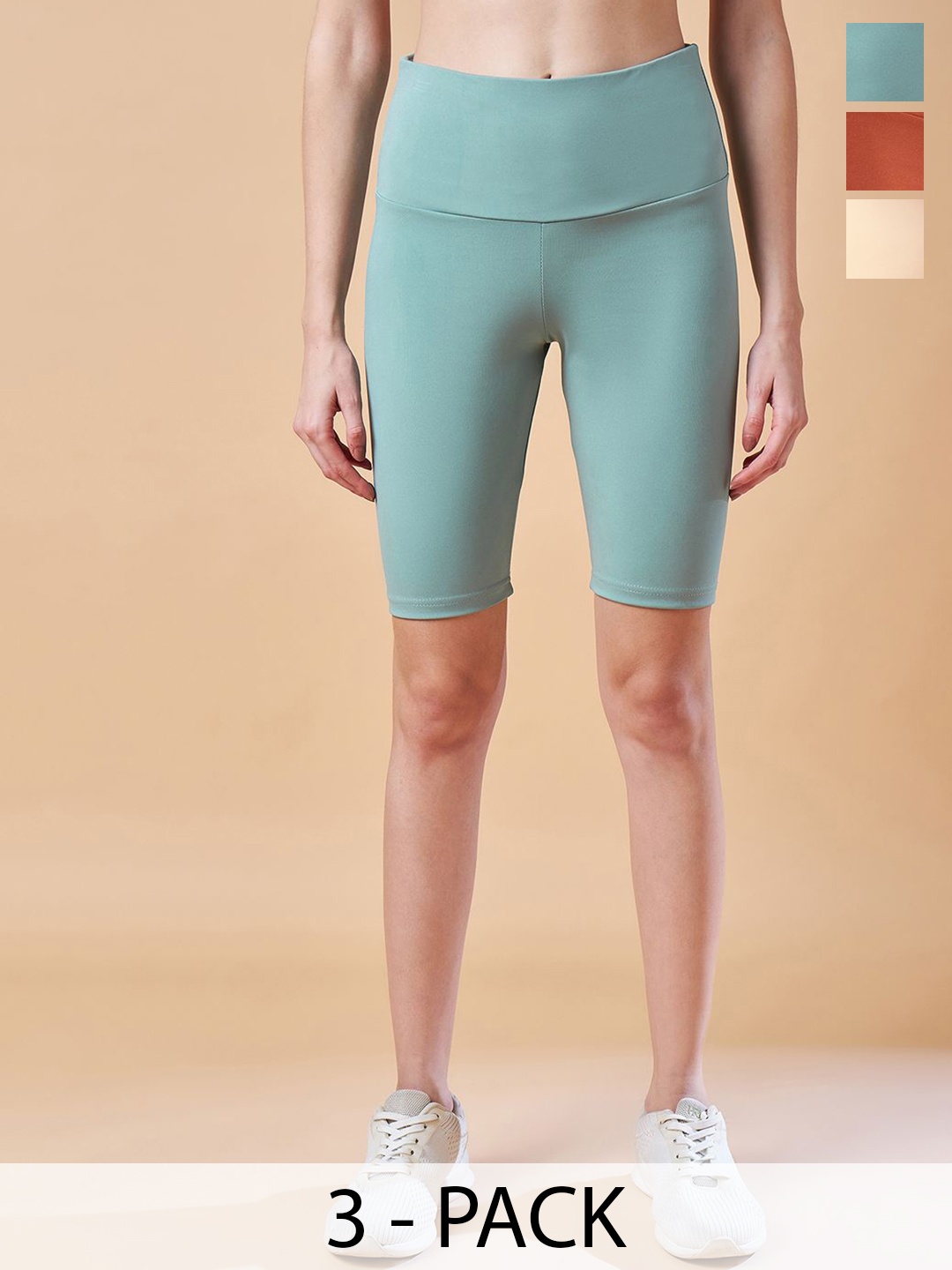 

COLOR CAPITAL Women Pack Of 3 High-Waisted Short Gym Tights, Cream