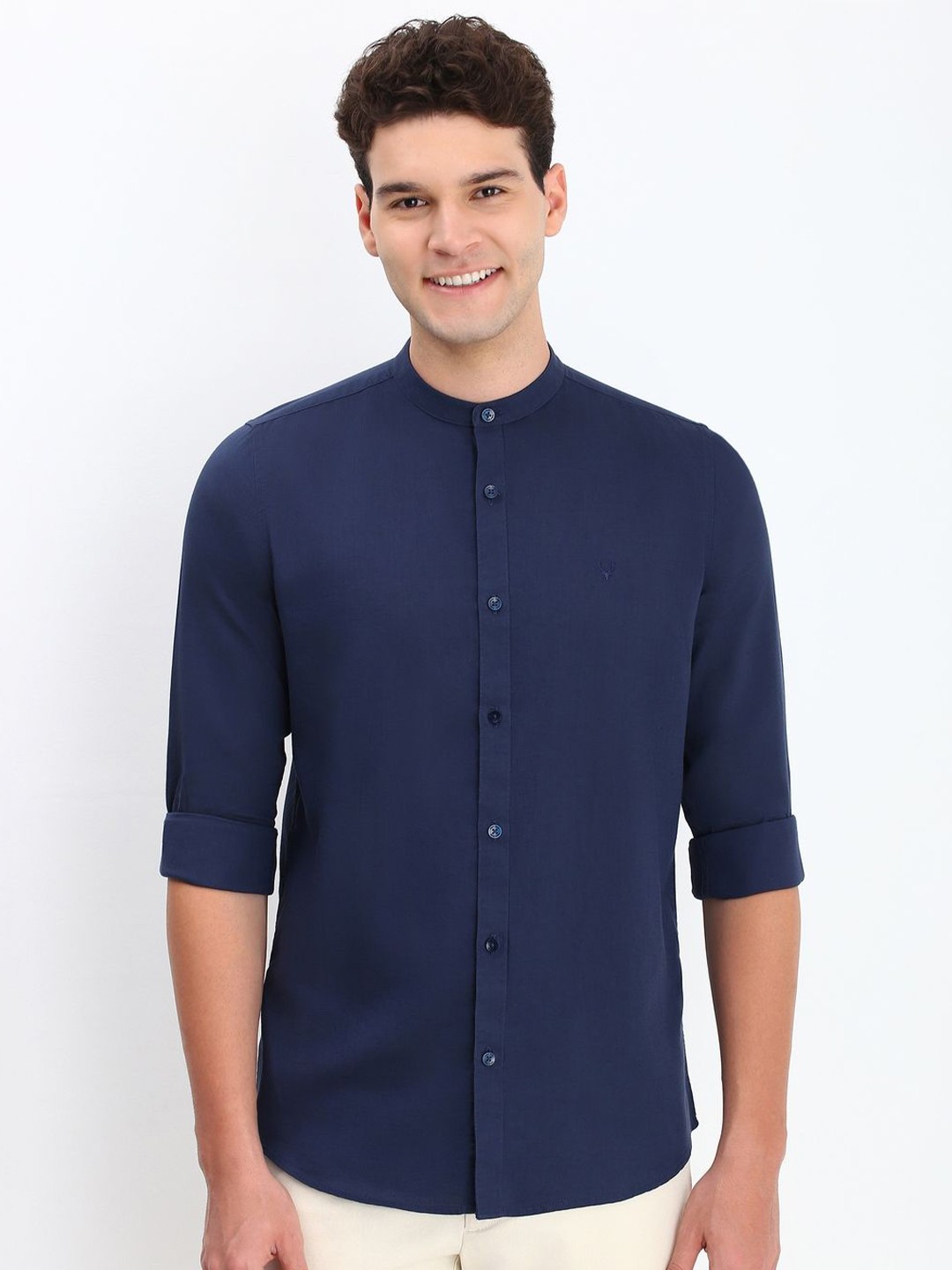 

Allen Solly Men Band Collar Solid Cotton Slim Fit Casual Shirt, Navy blue