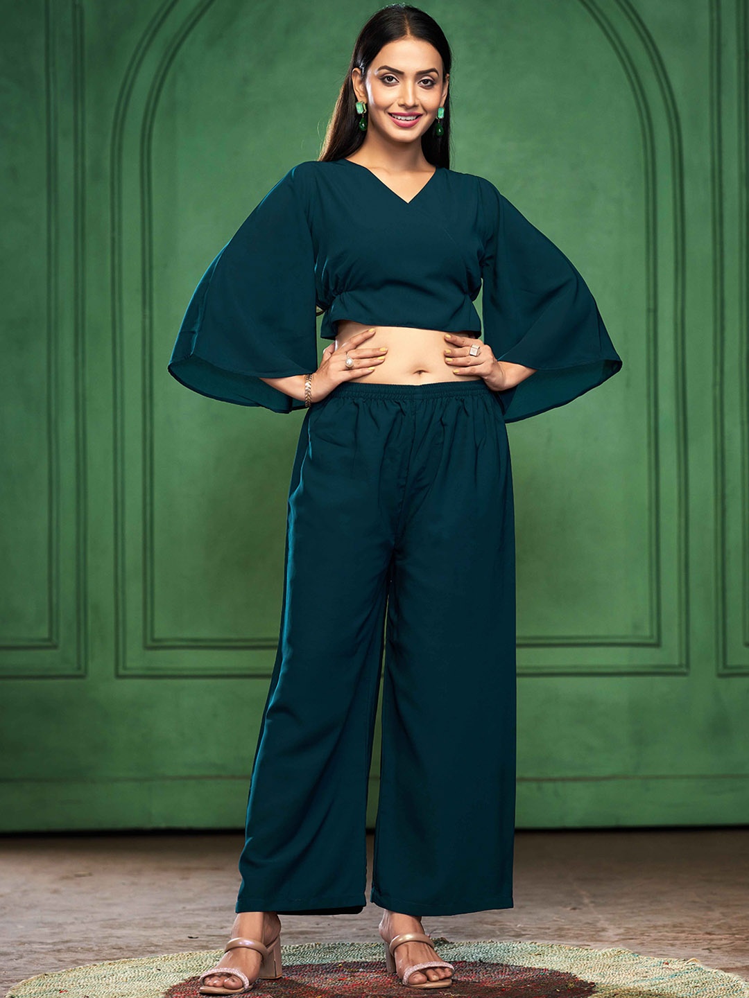 

MORLY Women Crop Top With Palazzos Co-Ords Set, Teal