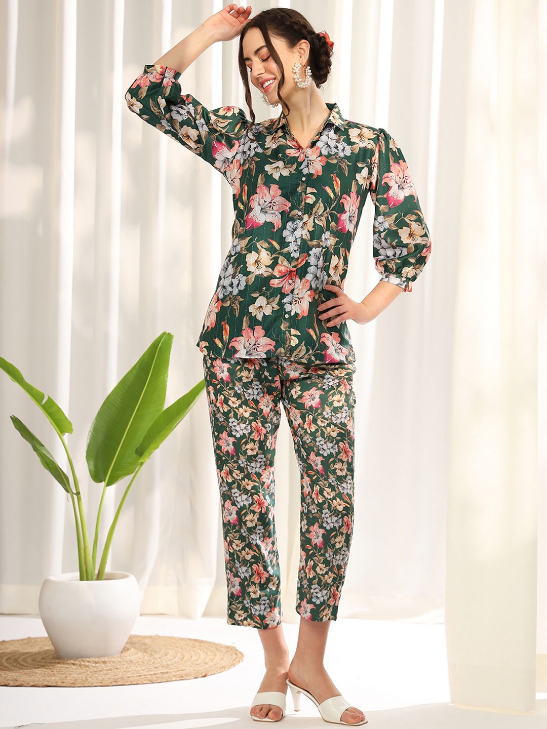 

KALINI Floral Printed Shirt Collar Shirt & Trouser, Green