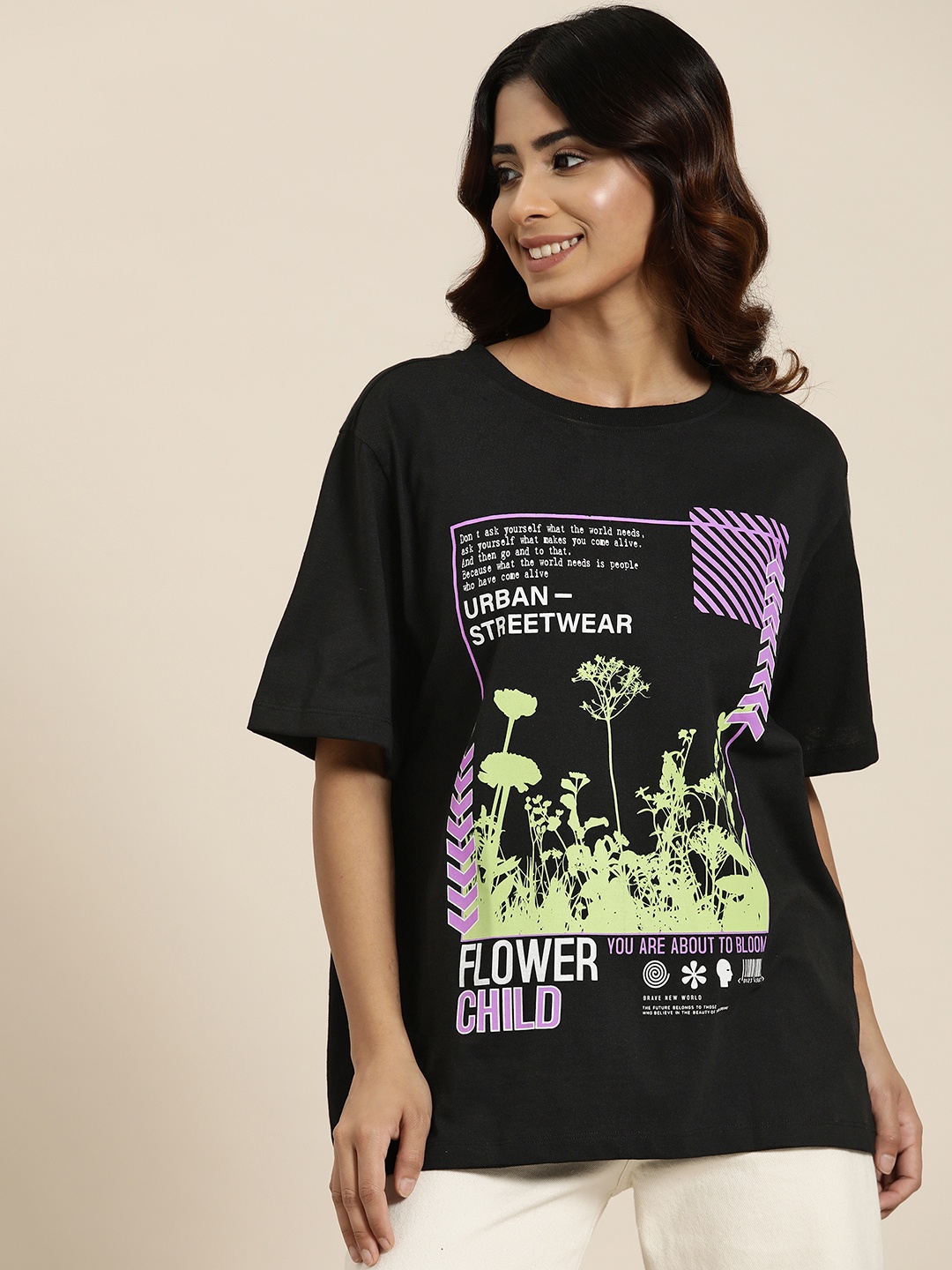 

HERE&NOW Graphic Printed Round Neck T-shirt, Black