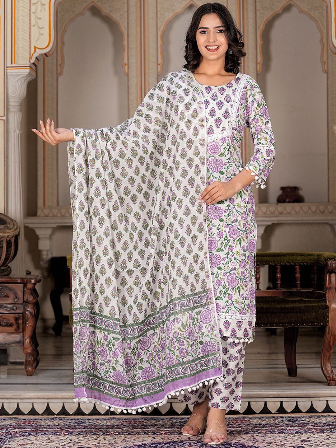 

KALINI Floral Printed Pure Cotton Kurta With Trousers & Dupatta, Purple