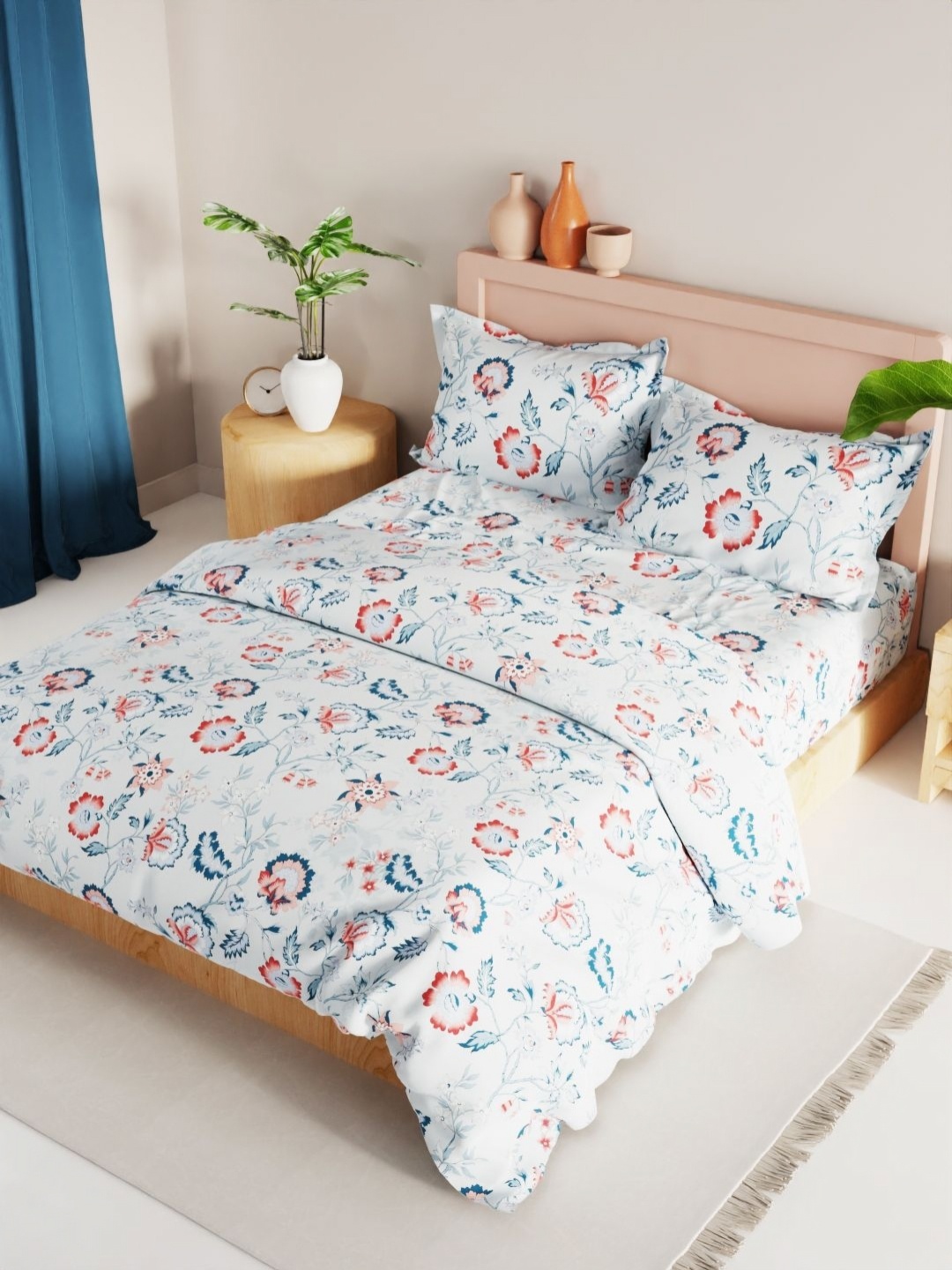 

KOPA White & Blue 4 Pieces Floral Printed Microfiber Double Queen Regular Bedding Set