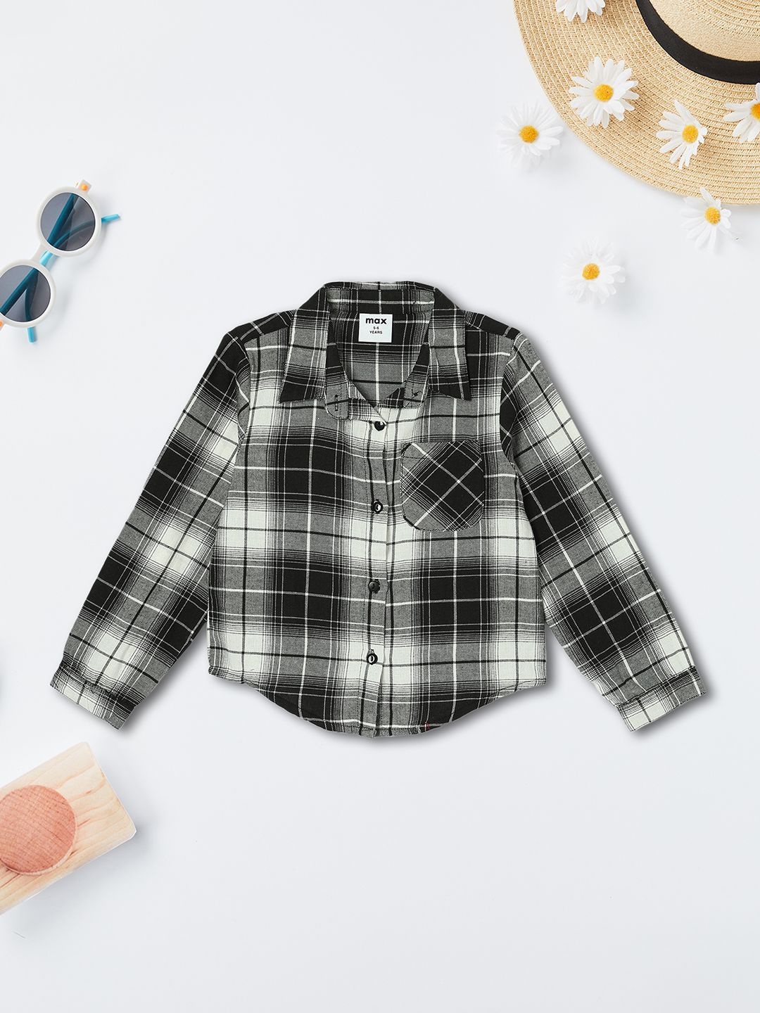 

max Girls Spread Collar Tartan Checked Cotton Casual Shirt, Black