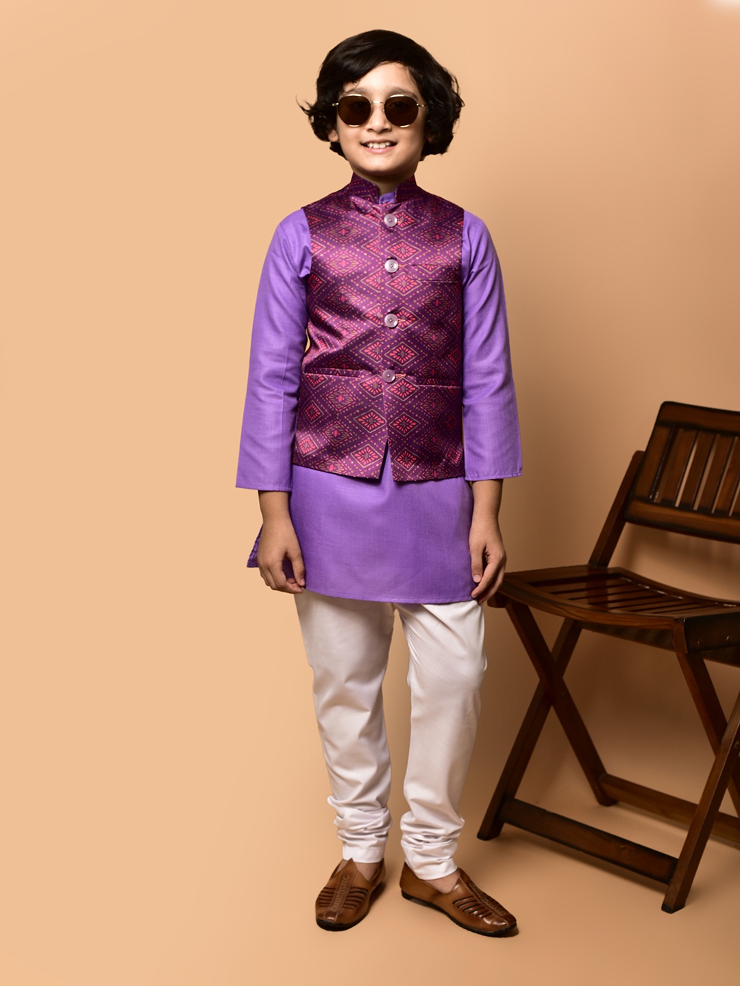 

PRINTCULTR Boys Mandarin Collar Regular Straight Kurta with Churidar, Lavender