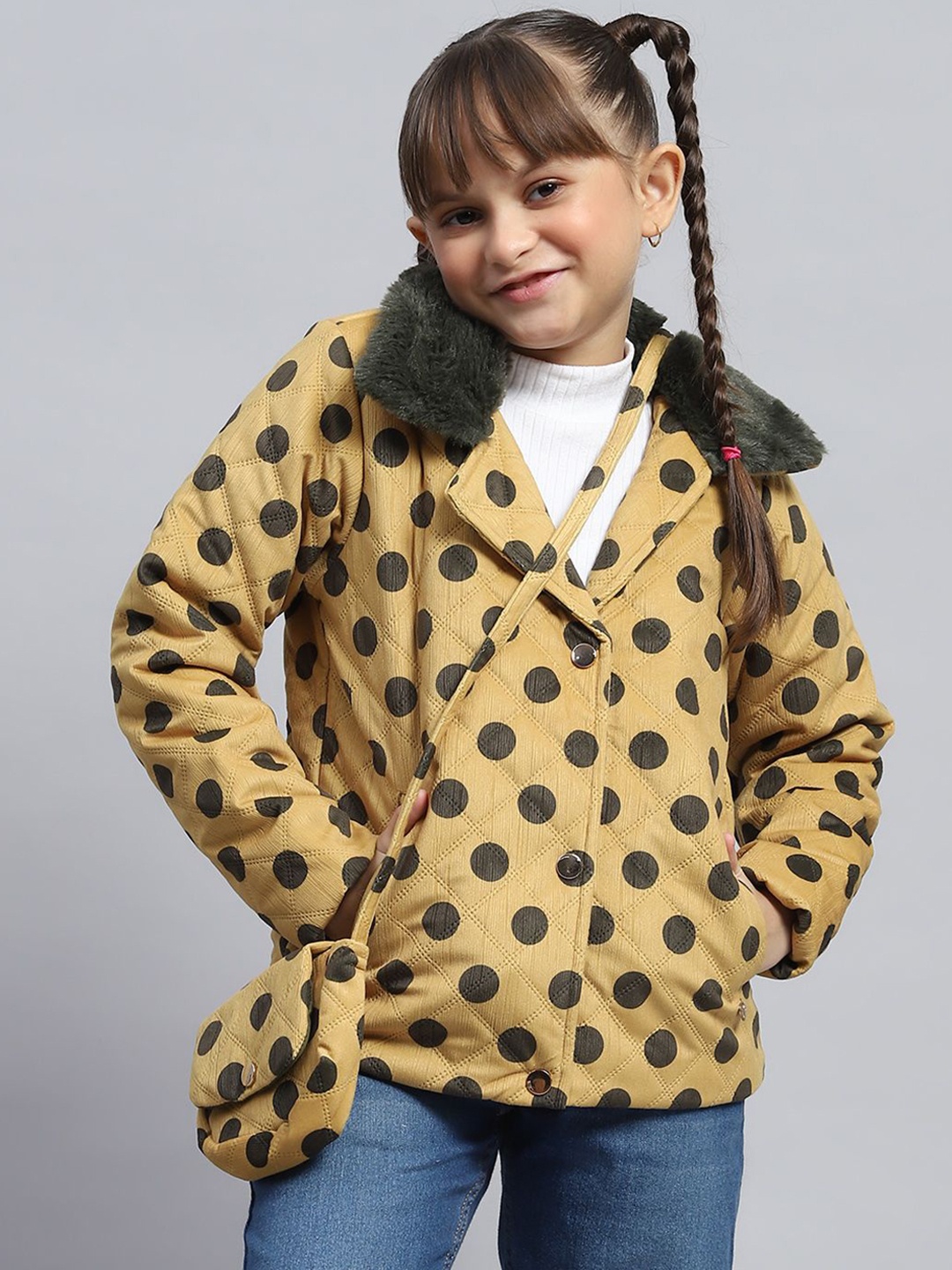 

Monte Carlo Girls Lapel Collar Polka Dots Printed Casual Padded Jacket, Mustard