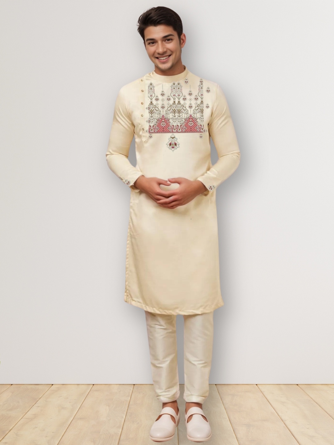 

DEVOILER Ethnic Motifs Printed Mandarin Collar Straight Kurta, Beige
