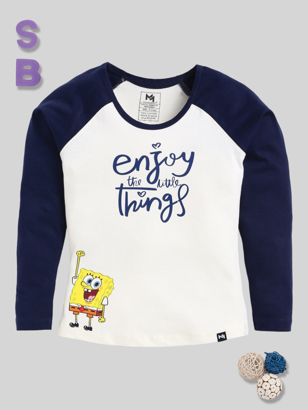 

YK X Minute Mirth Girls SpongeBob Printed Cotton Top, Navy blue