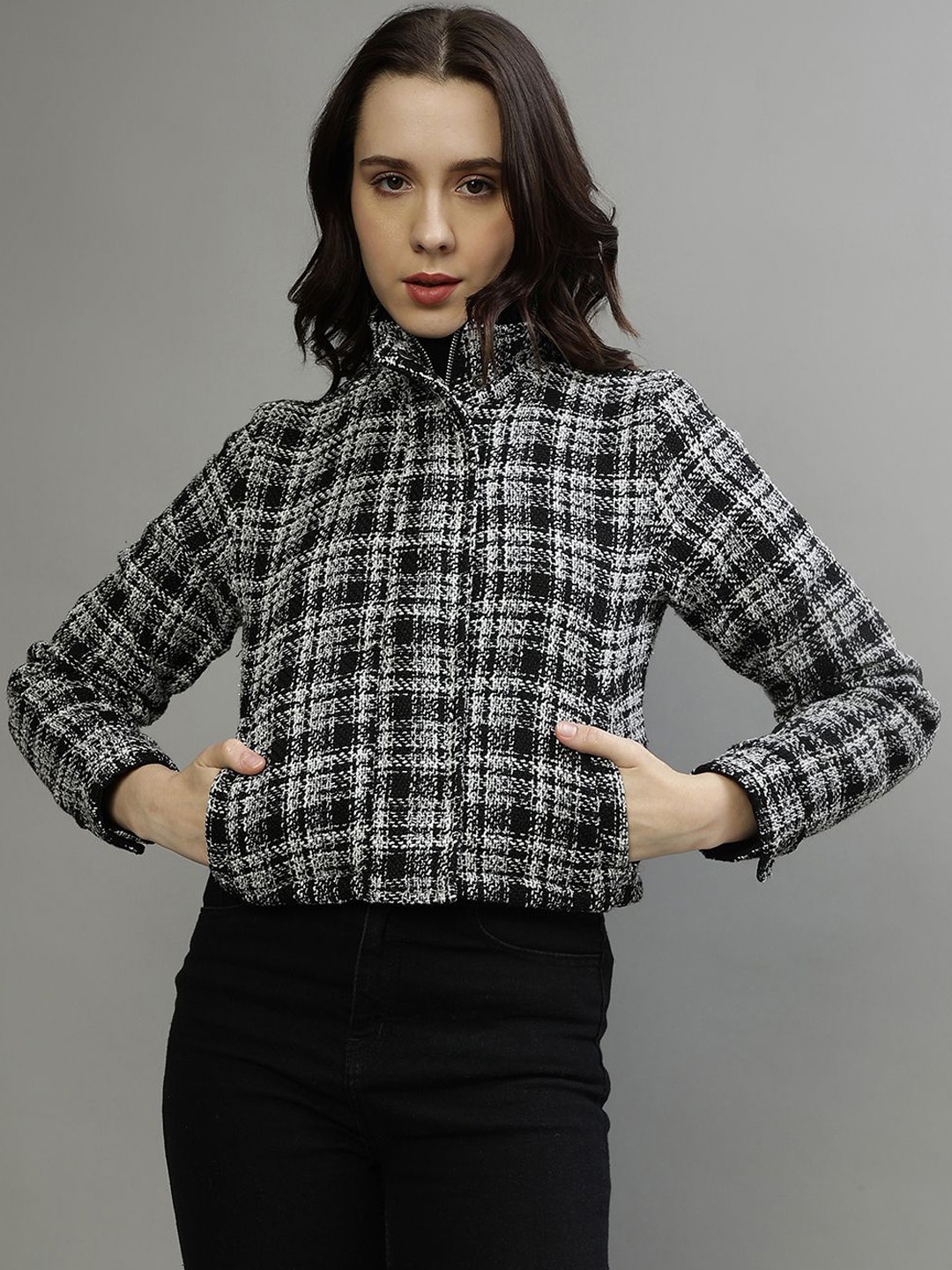 

ELLE Women Mock Collar Checked Casual Bomber Jacket, Black