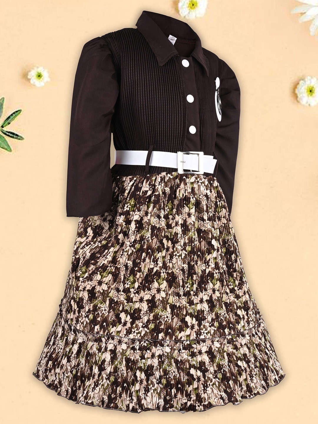 

Wish Karo Girls Floral Print Satin Fit & Flare Dress, Brown