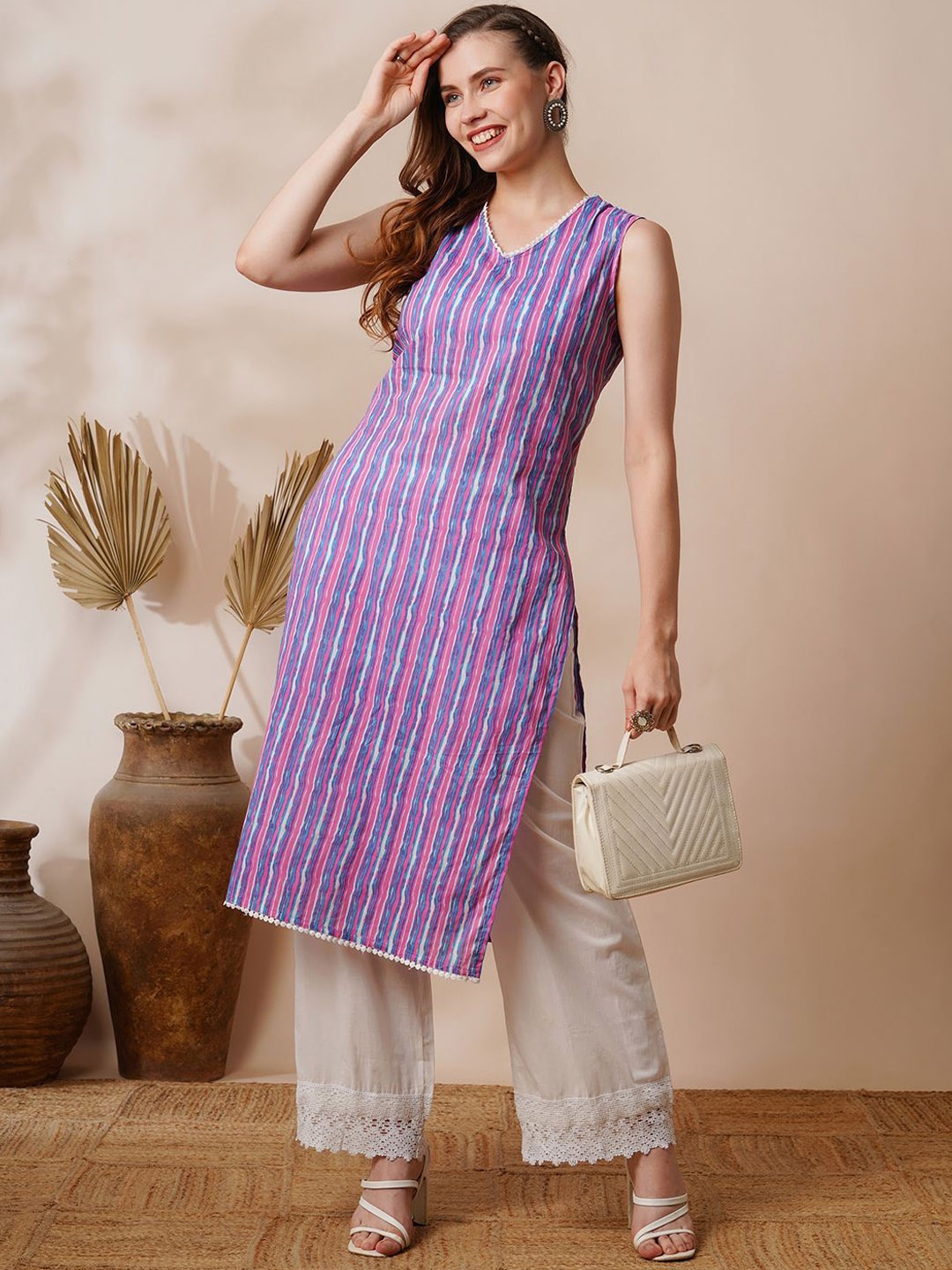 

KALINI Striped Printed Pure Cotton Kurta With Palazzos, Pink